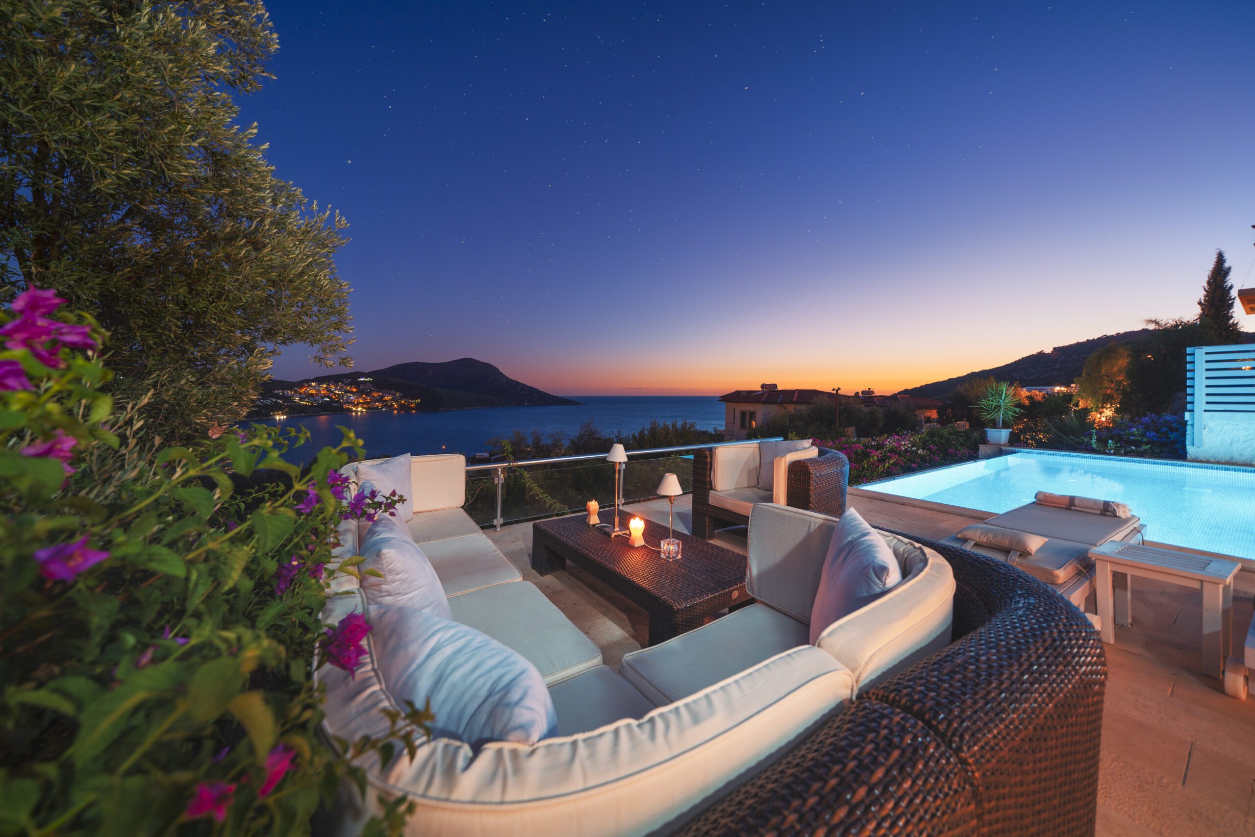 Balcony with pool and seating at Villa Serin Ev, holiday villas in Kalkan, Turkey