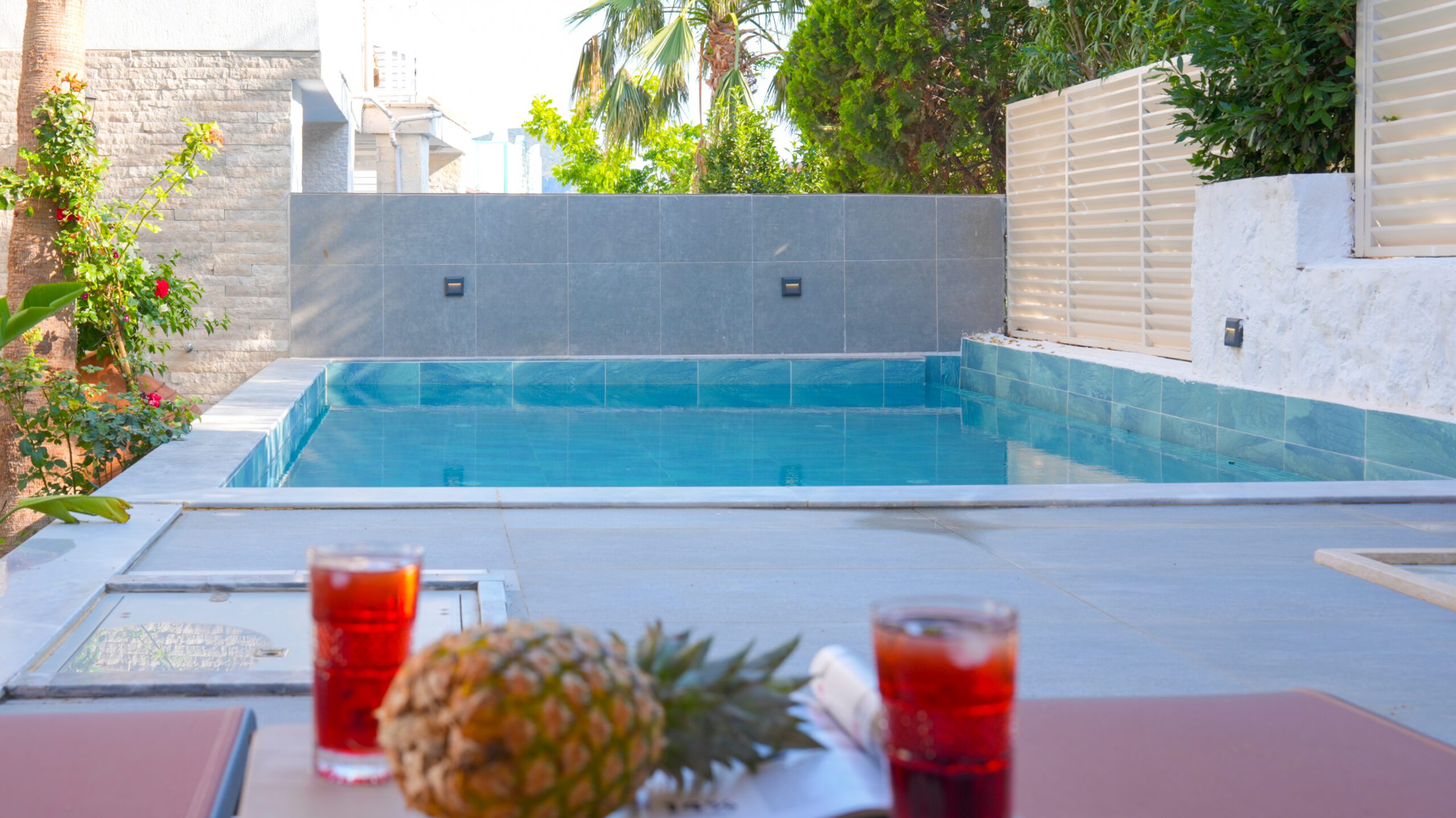 Outdoor pool and sun loungers in Villa Orange, villas to rent in Kalkan, Turkey