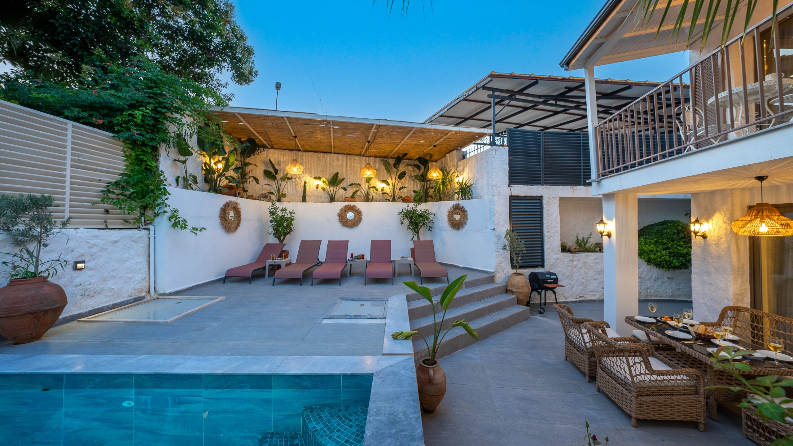 Outdoor pool with sun loungers in Villa Orange, villas to rent in Kalkan, Turkey