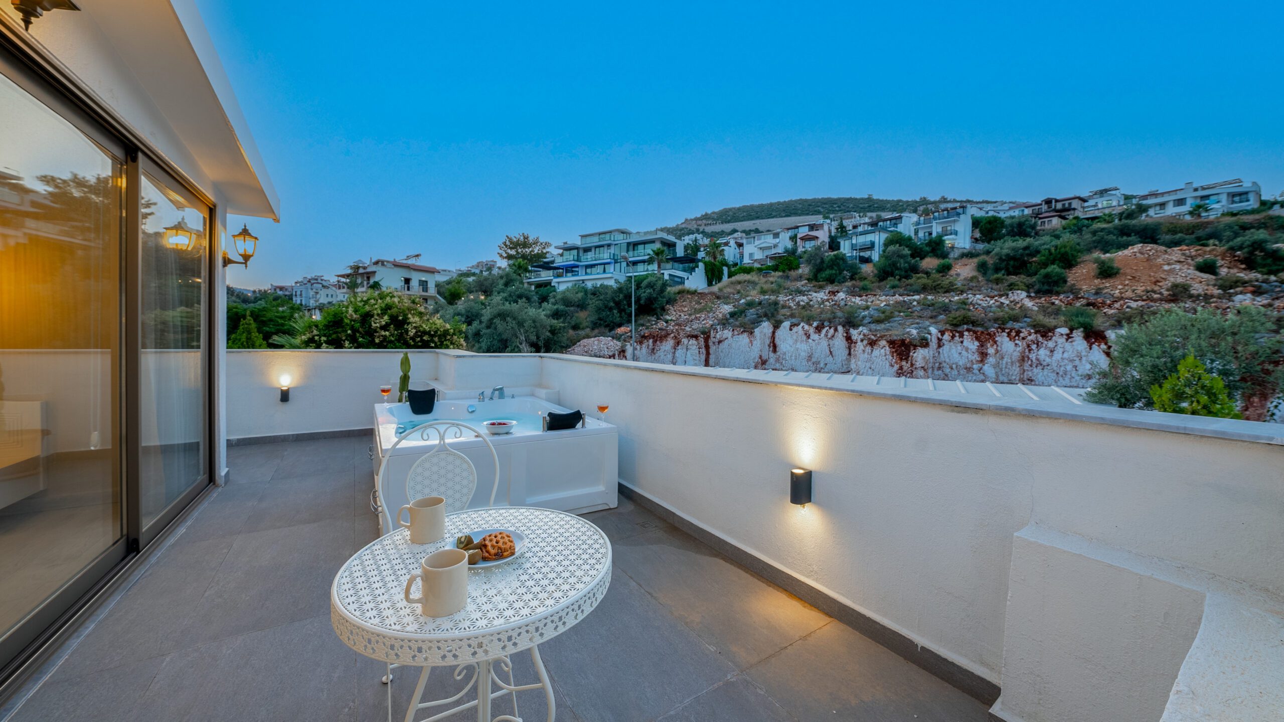 Balcony with hot tub and seating area in Villa Orange, villas to rent in Kalkan, Turkey