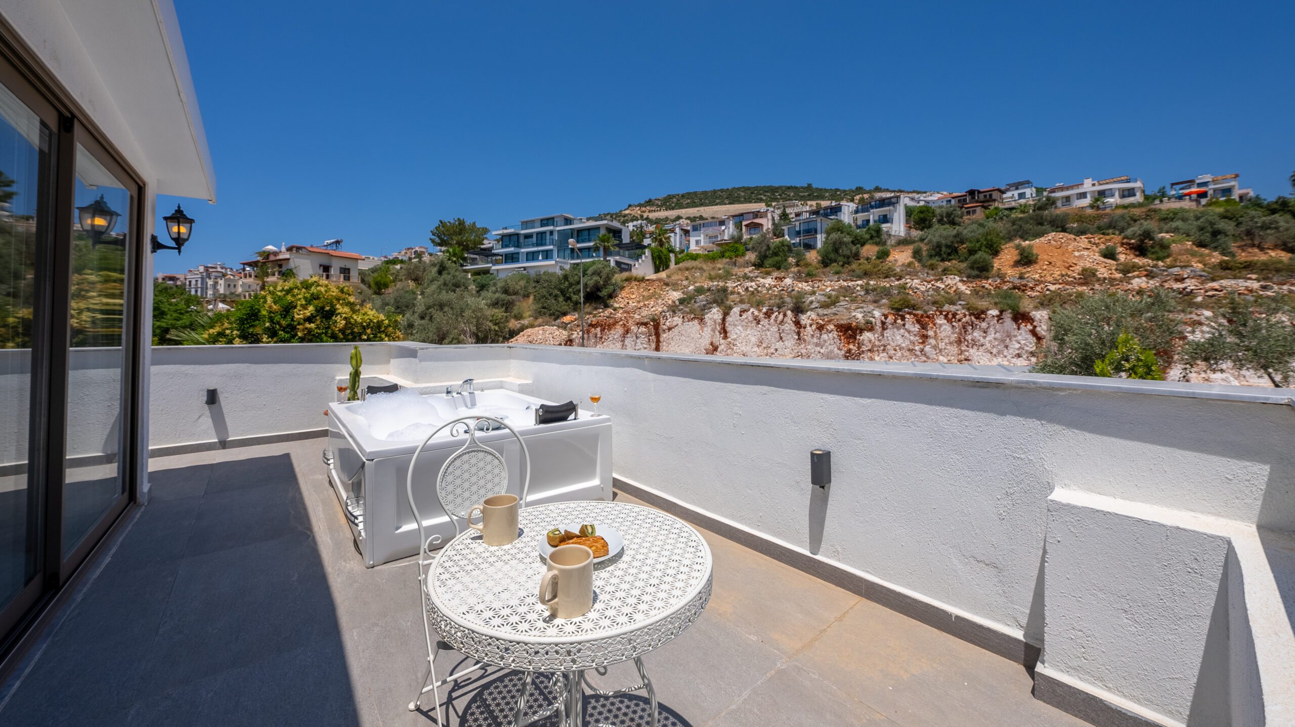 Balcony seating with hot tub in Villa Orange, villas to rent in Kalkan, Turkey