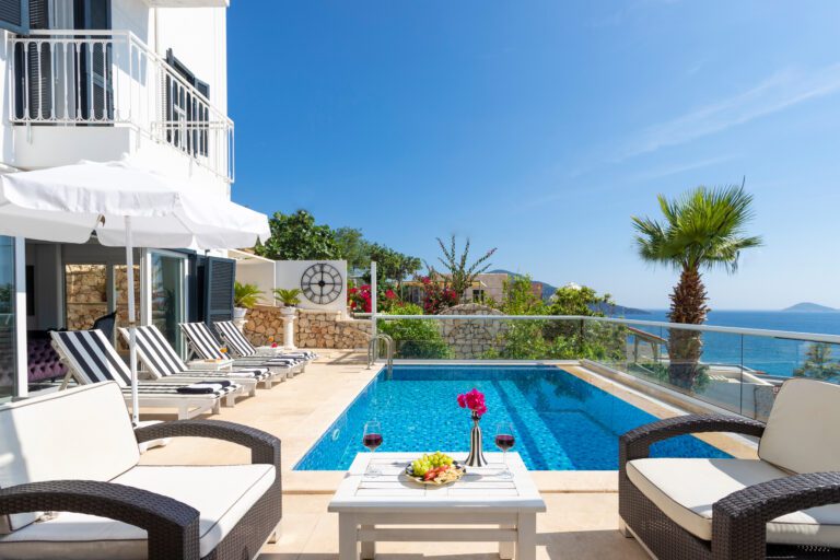 Outdoor pool and sun loungers in Villa Kevic, villas to rent in kalkan, Turkey