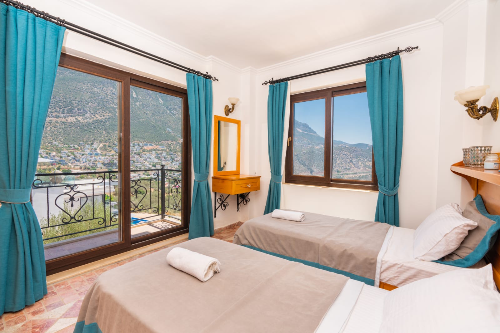 Twin bedroom with balcony in Villa Salice, villa holidays in Kalkan, Turkey