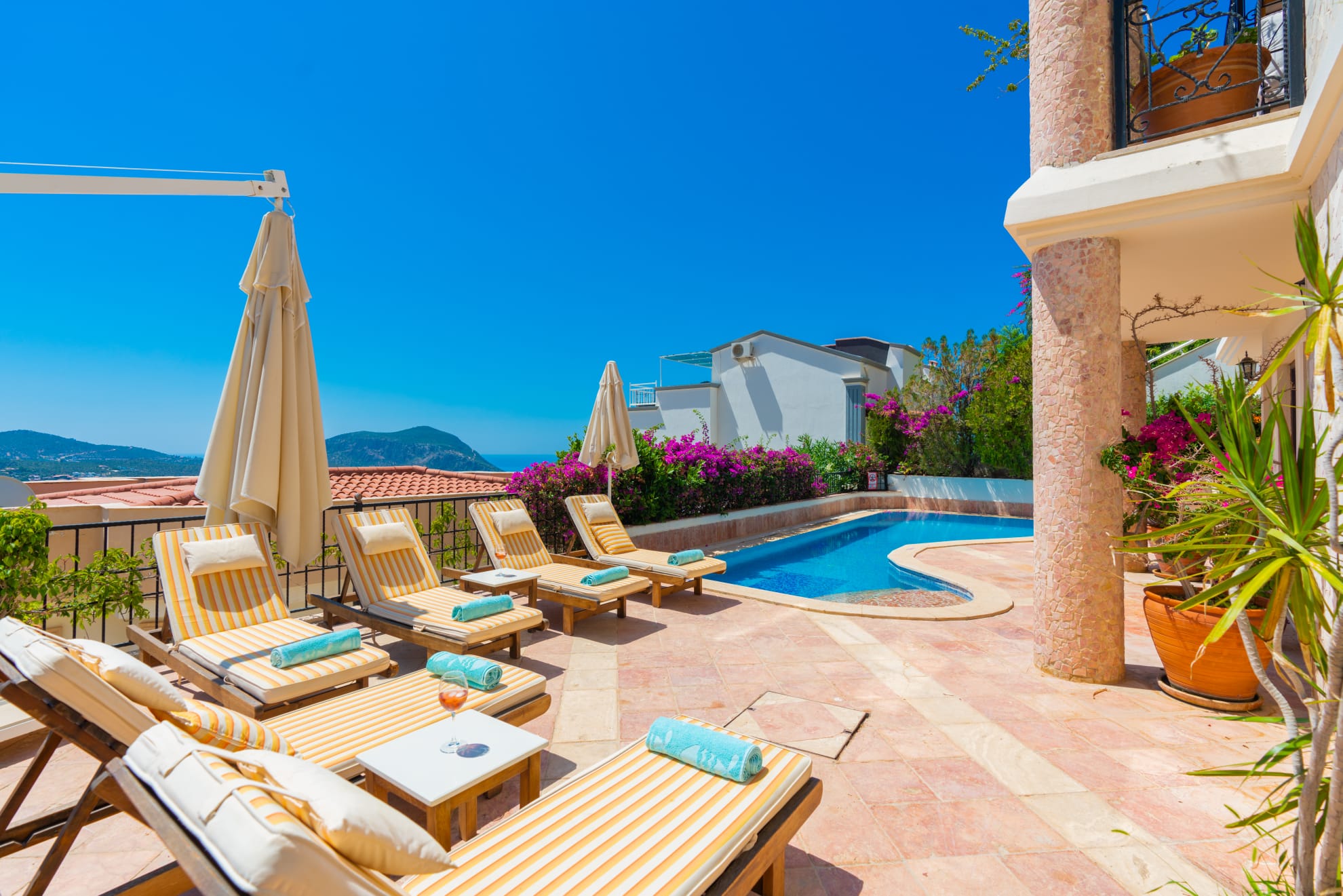Outdoor pool with sun loungers in Villa Salice, villa holidays in Kalkan, Turkey