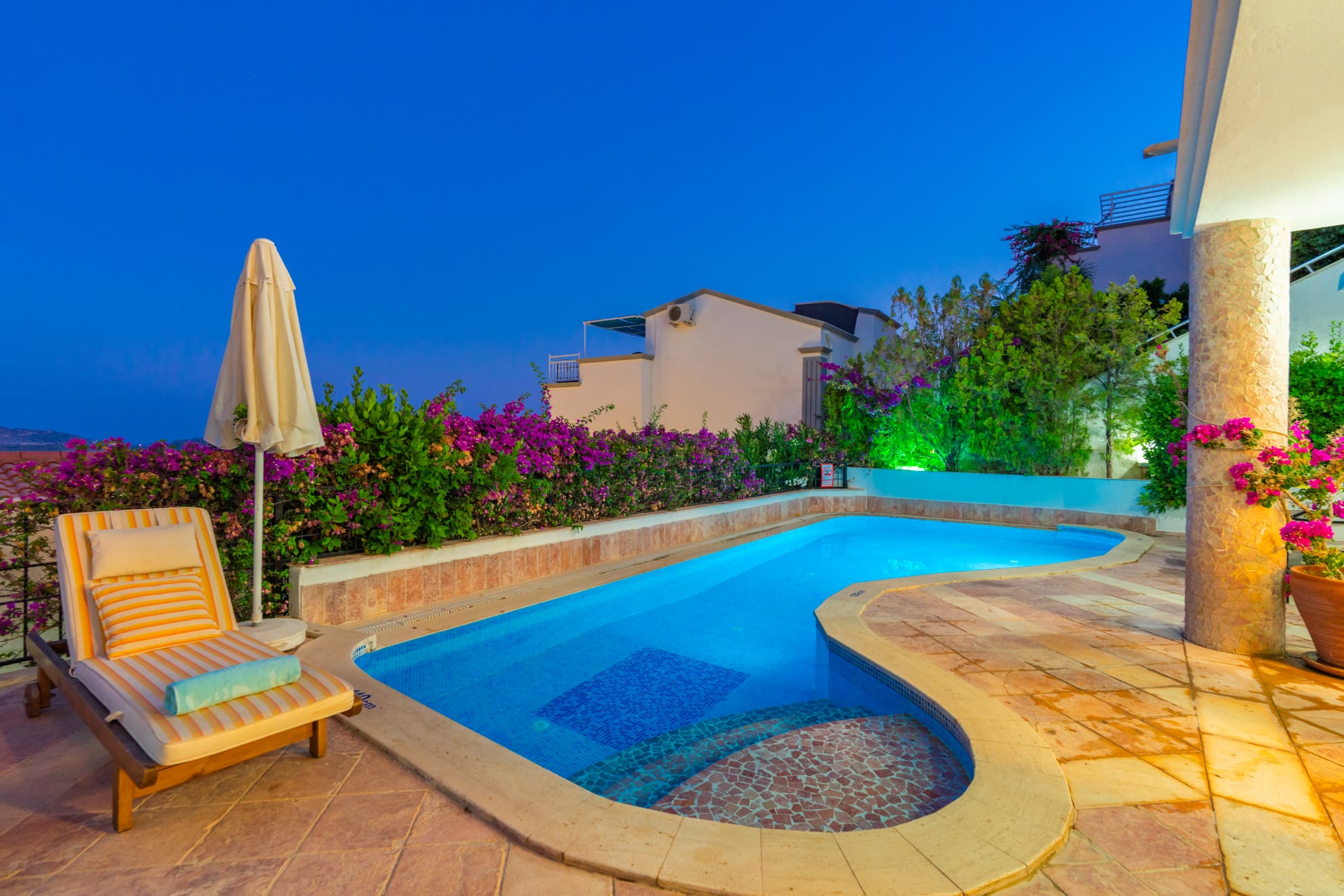 Outdoor pool and sun loungers in Villa Salice, villa holidays in Kalkan, Turkey