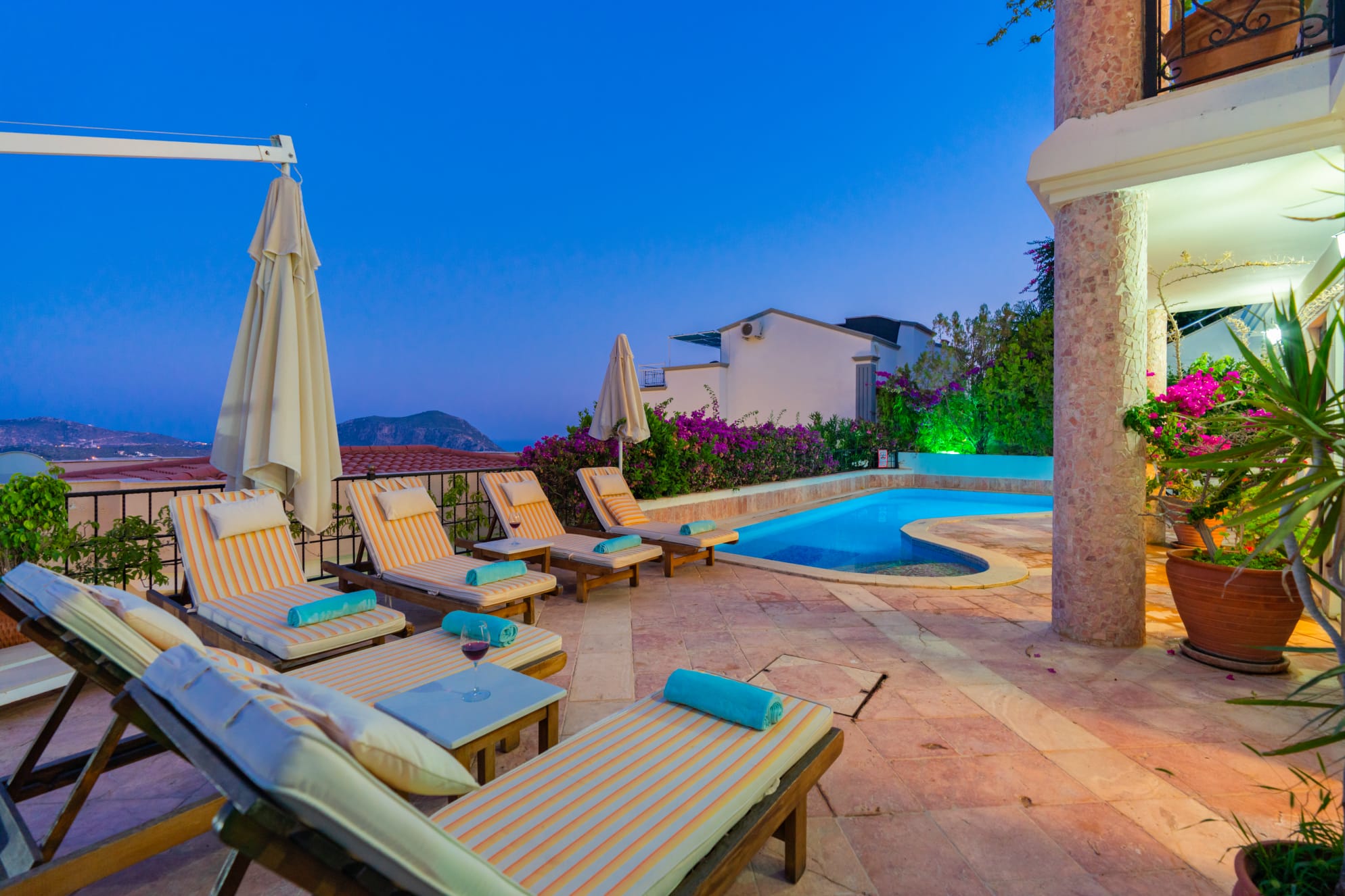 Outdoor pool with sun loungers in Villa Salice, villa holidays in Kalkan, Turkey
