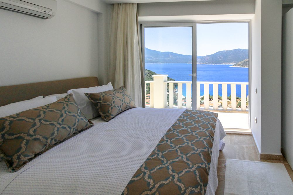 Double bedroom and balcony in Villa Ketchy, villas to rent in Kalkan, Turkey