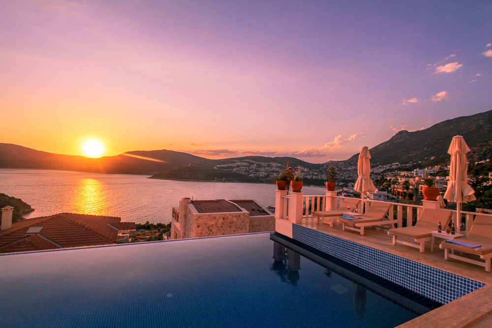 Outdoor pool and view from Villa Ketchy, villas to rent in Kalkan, Turkey