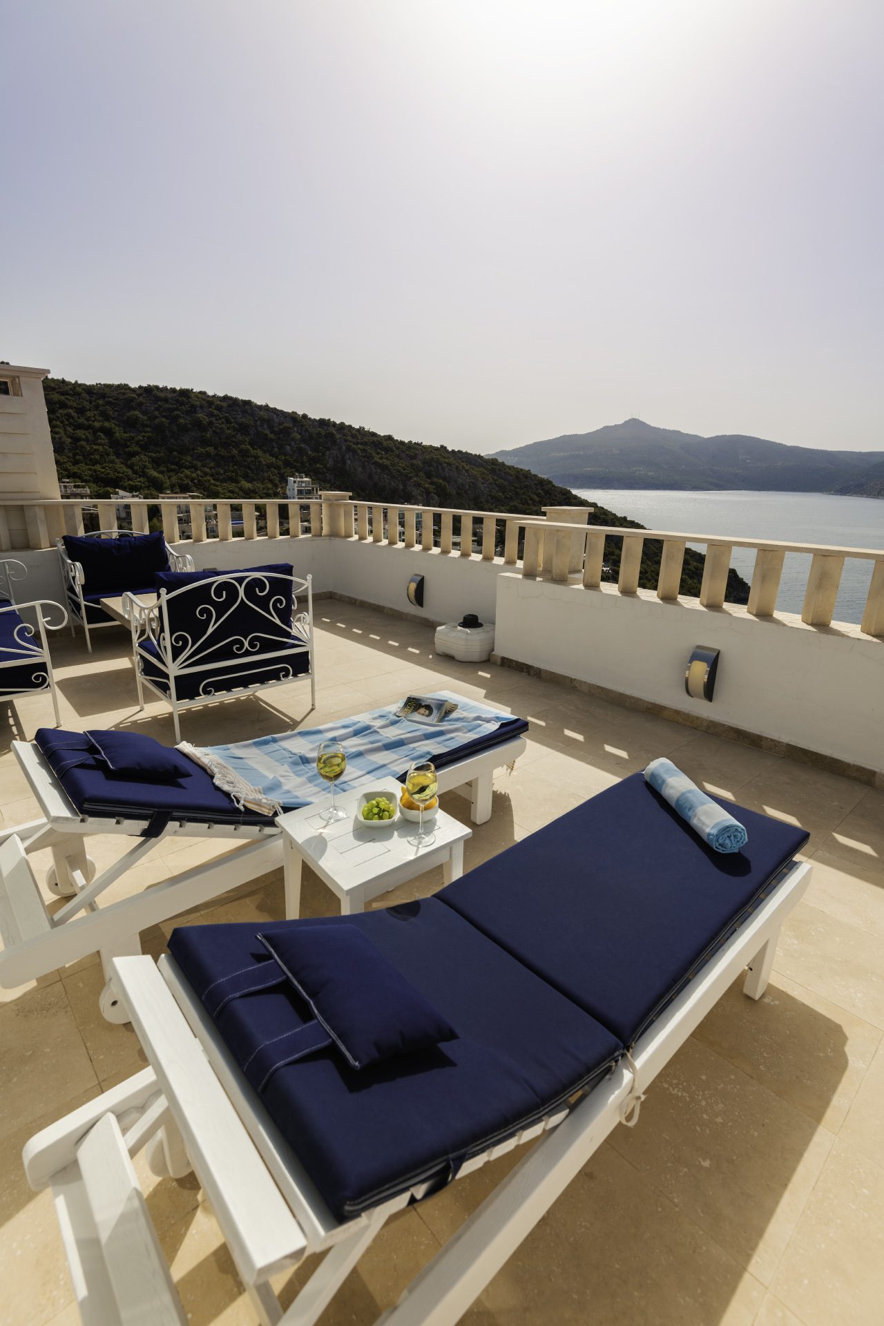 Balcony with sun beds at Villa Ketchy, villas to rent in Kalkan, Turkey