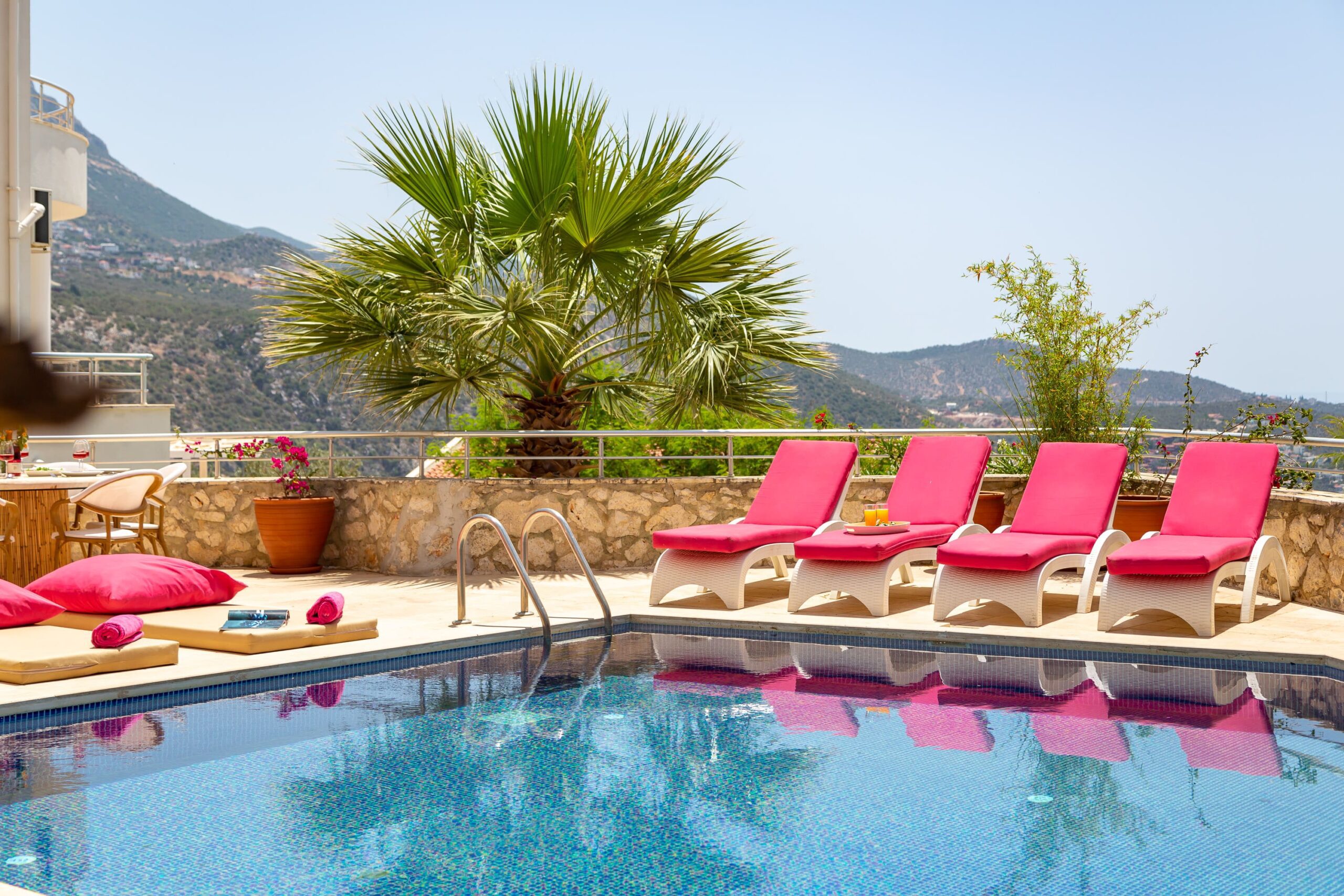 Outdoor pool and sun beds at The Grove, villas to rent in Kalkan, Turkey