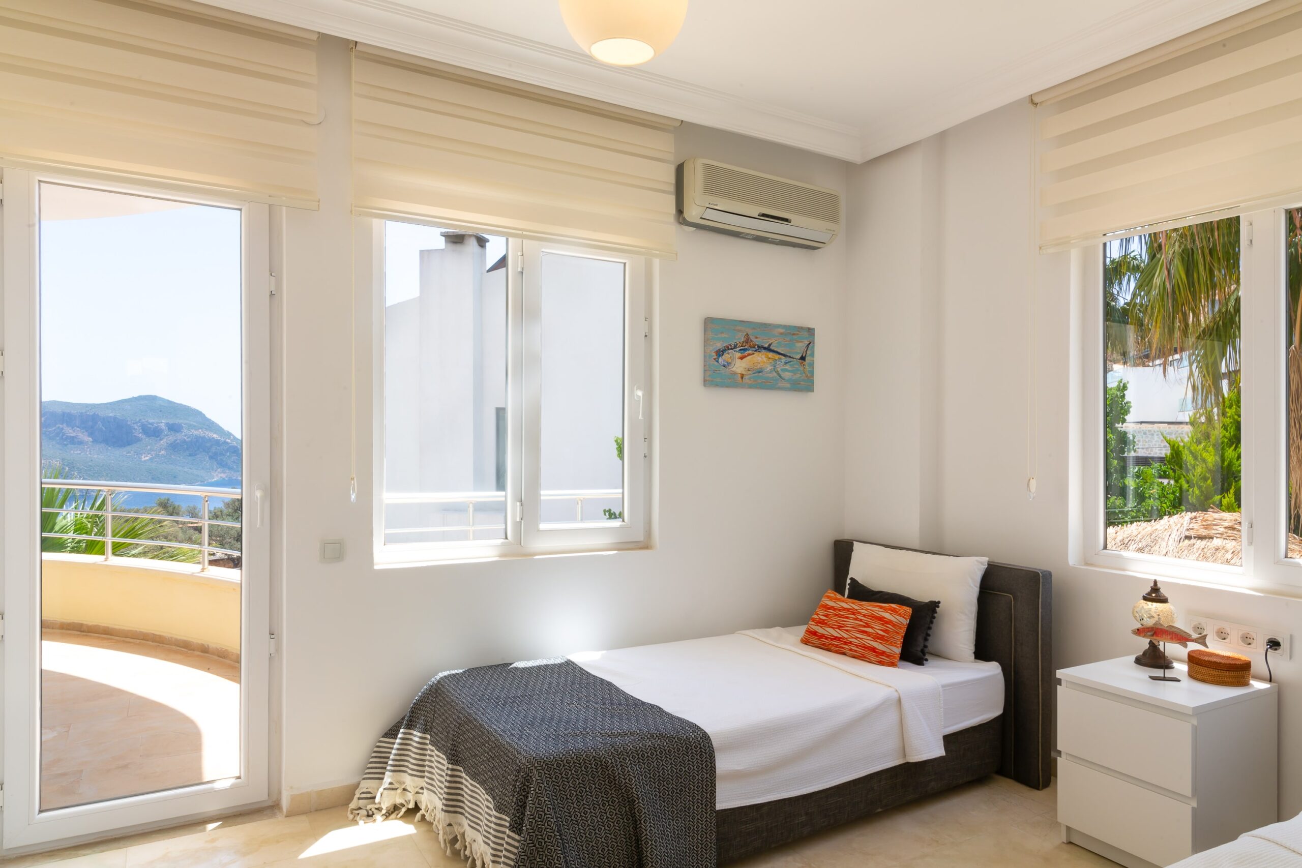 Twin bedroom with balcony access in The Grove, villas to rent in Kalkan, Turkey