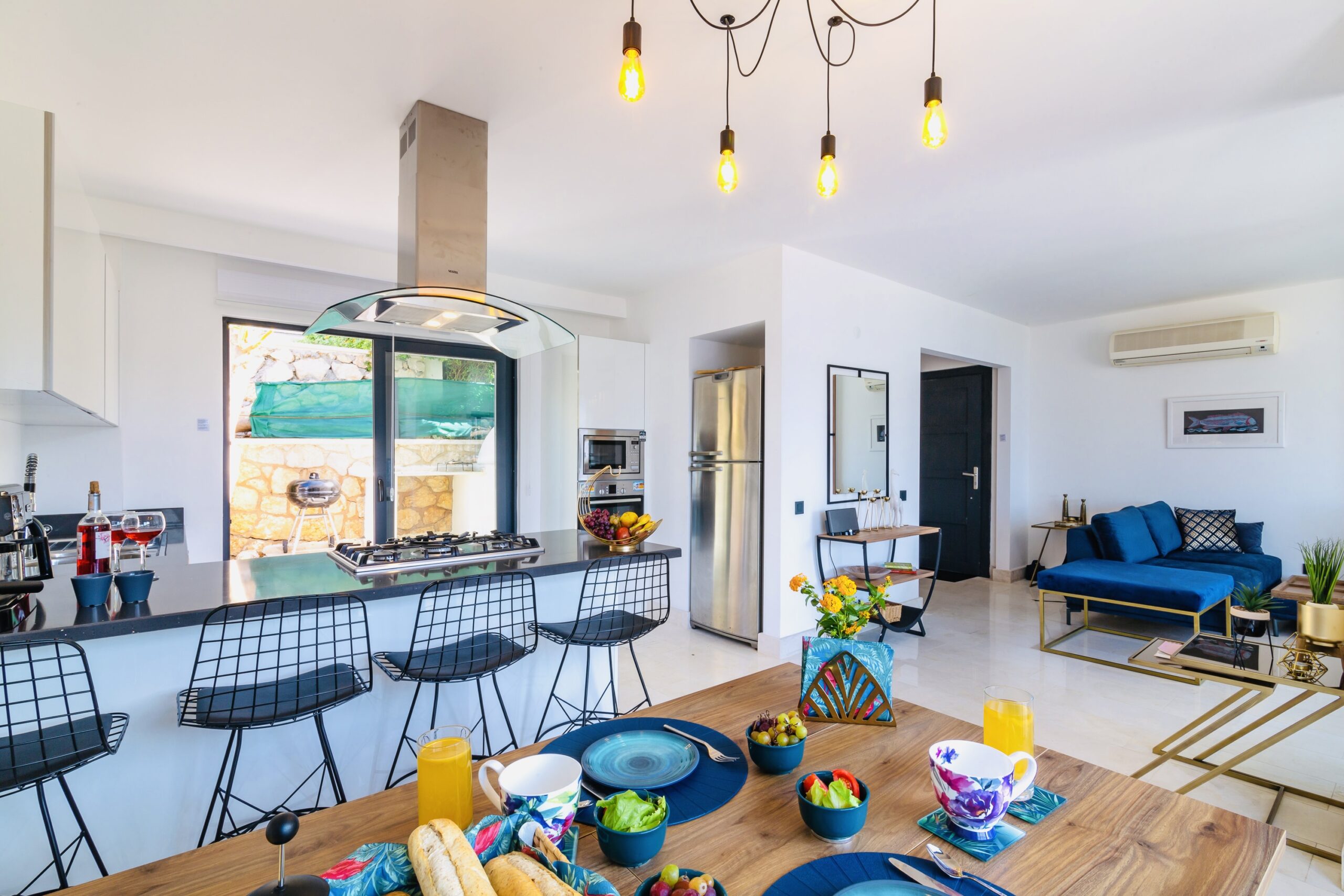 Open-planned kitchen and lounge in Villa Kisla Falls, villas to rent in Kalkan, Turkey