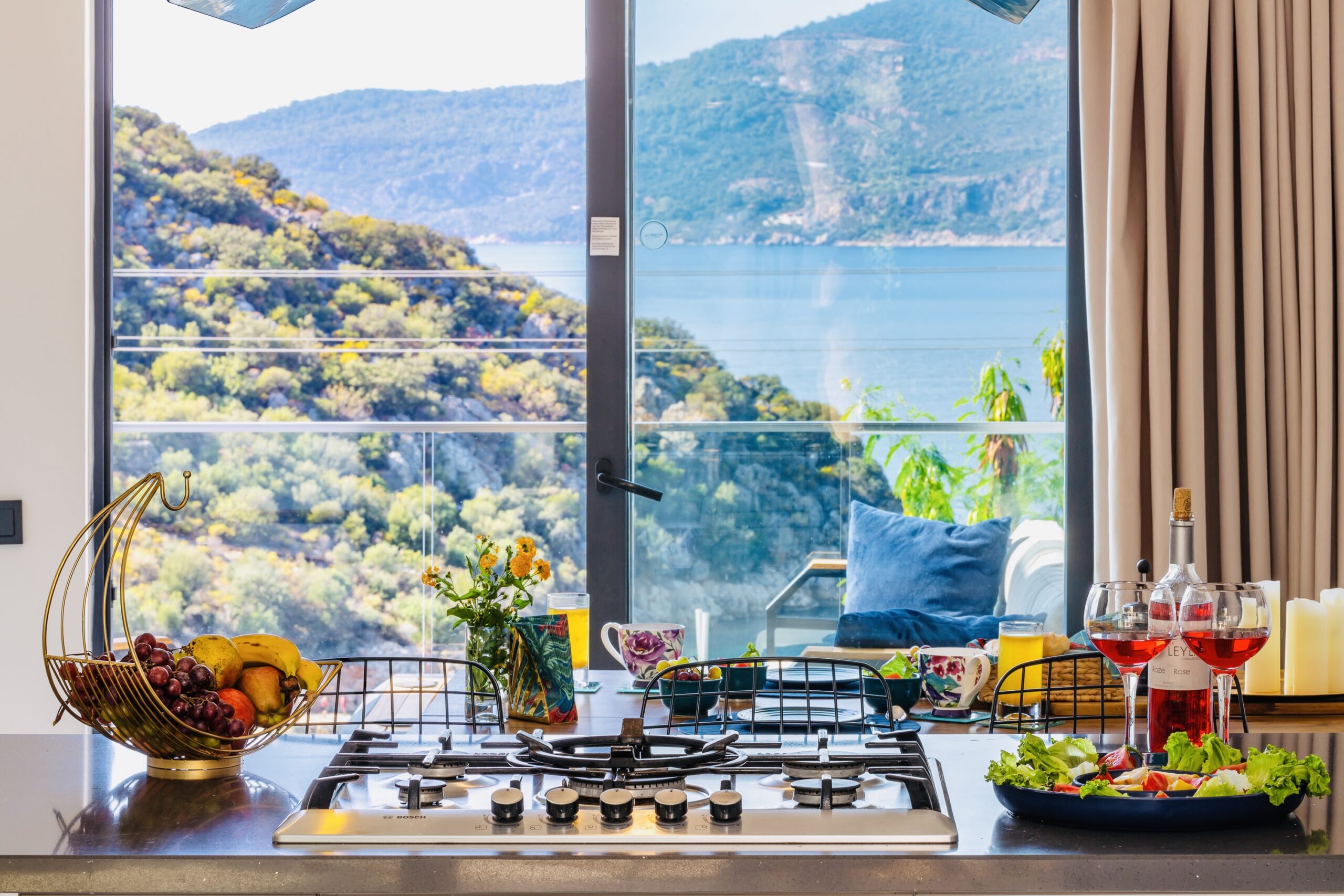 Kitchen and view from Villa Kisla Falls, villas to rent in Kalkan, Turkey