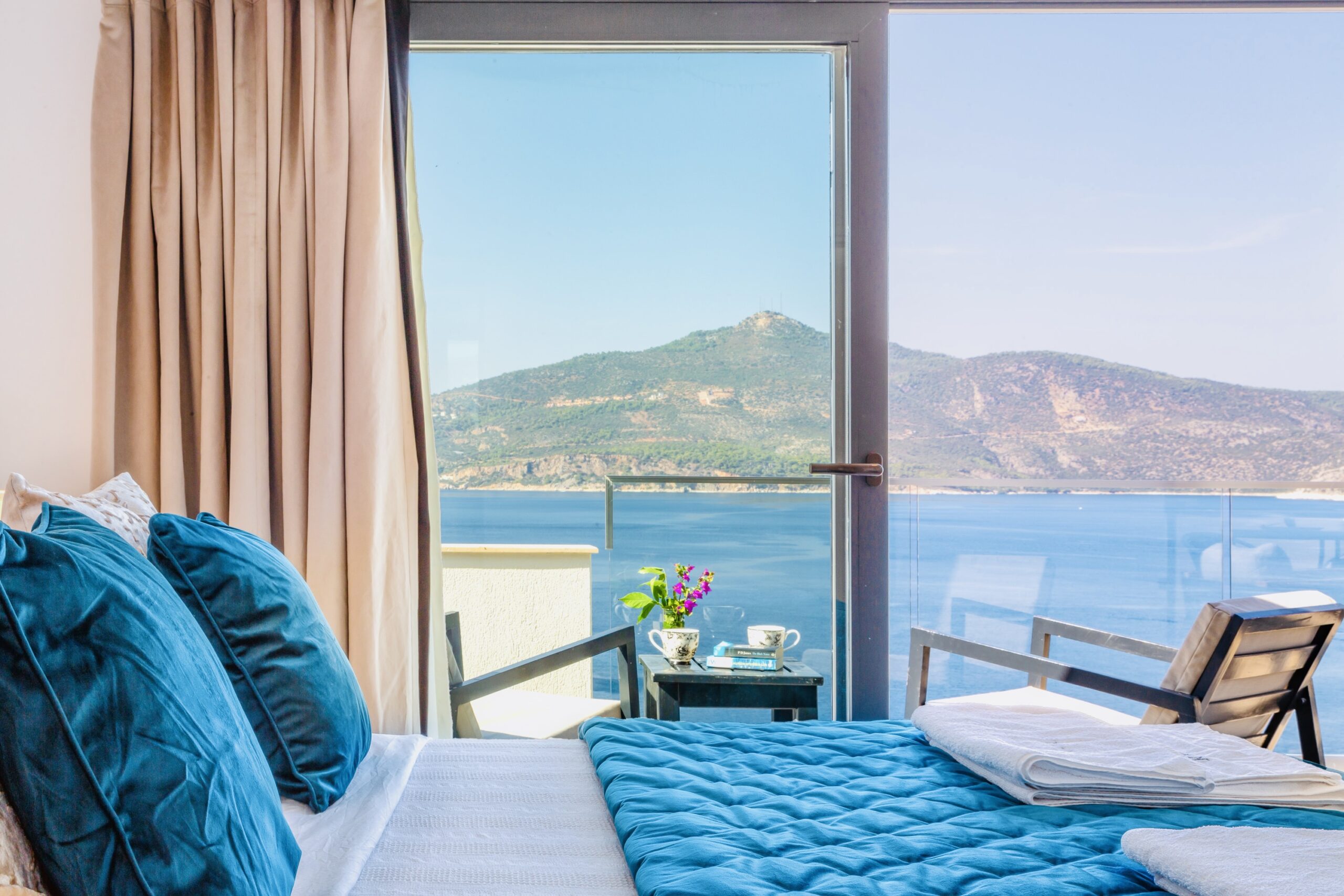 Double bedroom and balcony in Villa Kisla Falls, villas to rent in Kalkan, Turkey