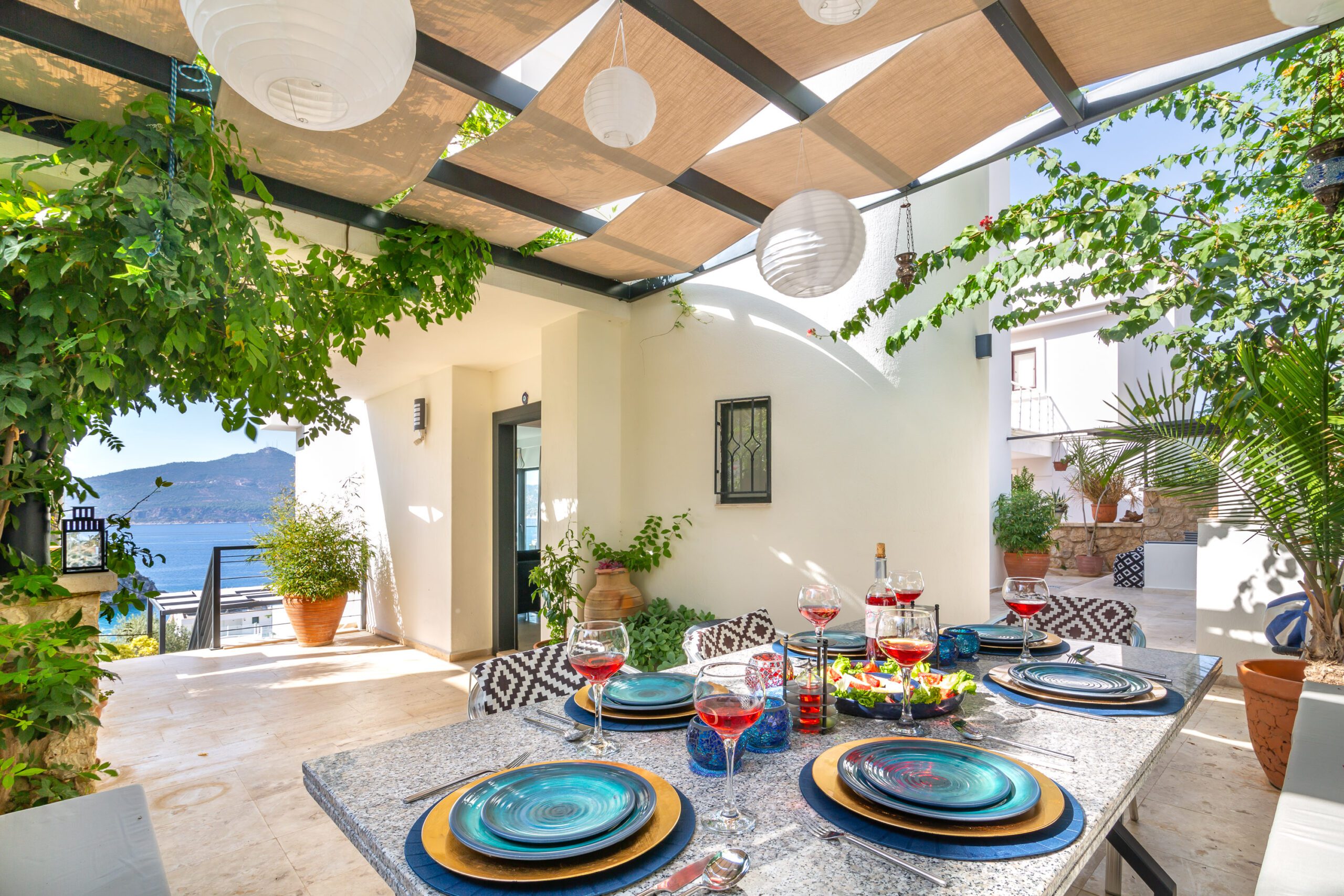 Outdoor dining area at Villa Kisla Falls, villas to rent in Kalkan, Turkey