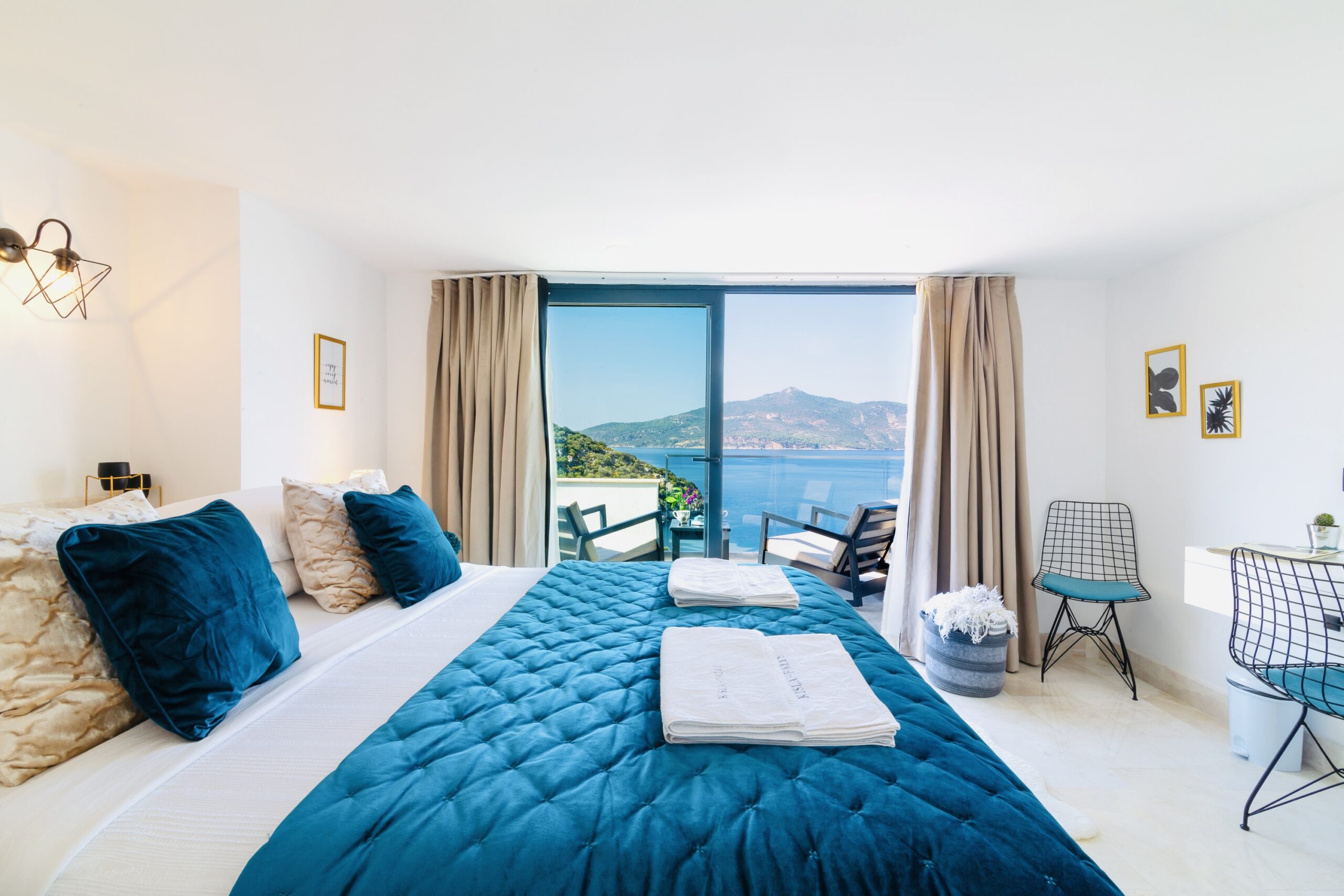 Double bedroom and balcony in Villa Kisla Falls, villas to rent in Kalkan, Turkey