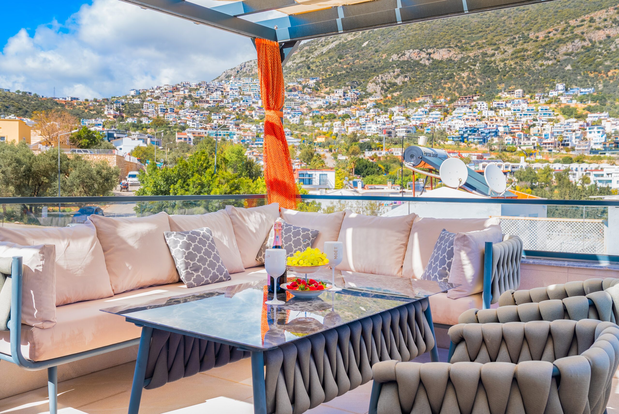 Balcony seating area at Villa Tekin, villa holidays in Kalkan, Turkey