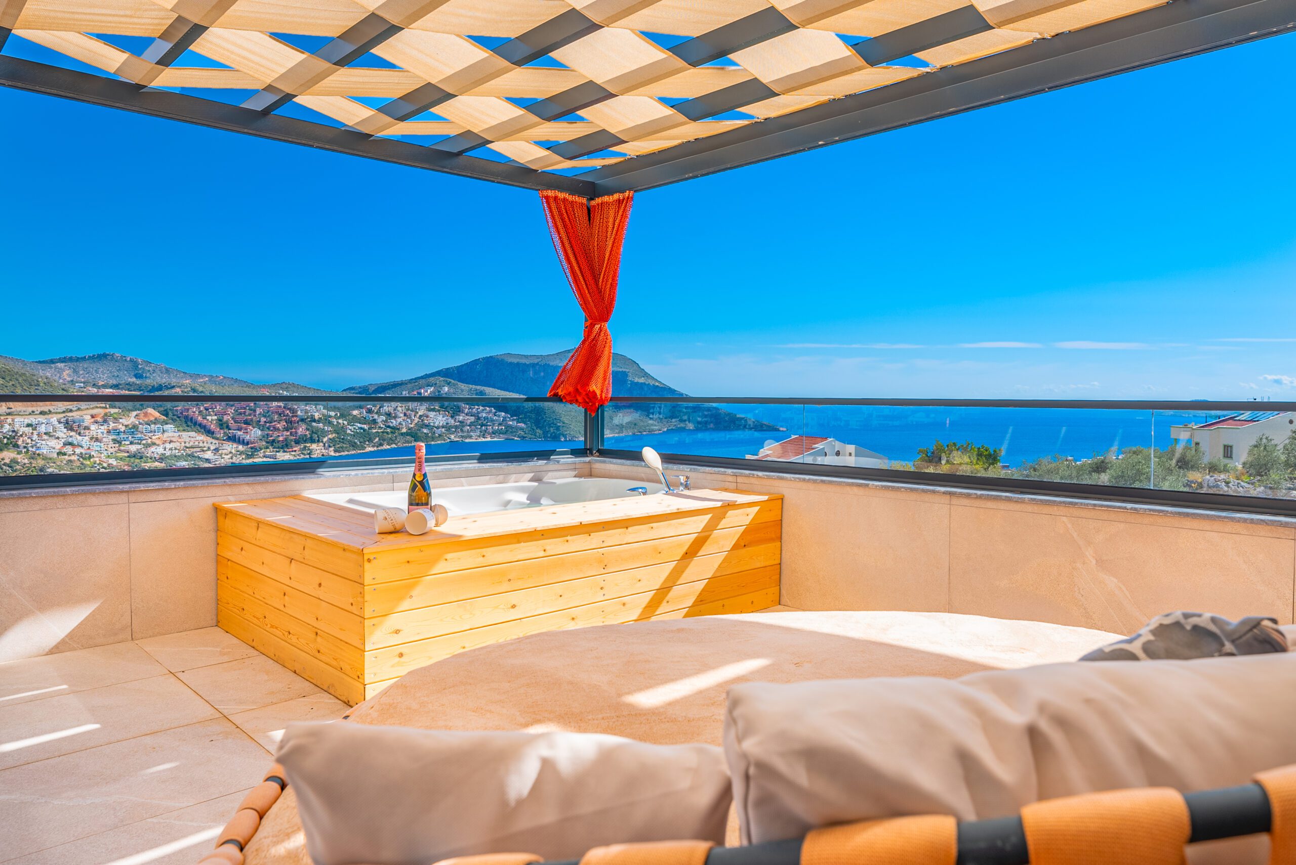 Outdoor sun bed and hot tub at Villa Tekin, villa holidays in Kalkan, Turkey