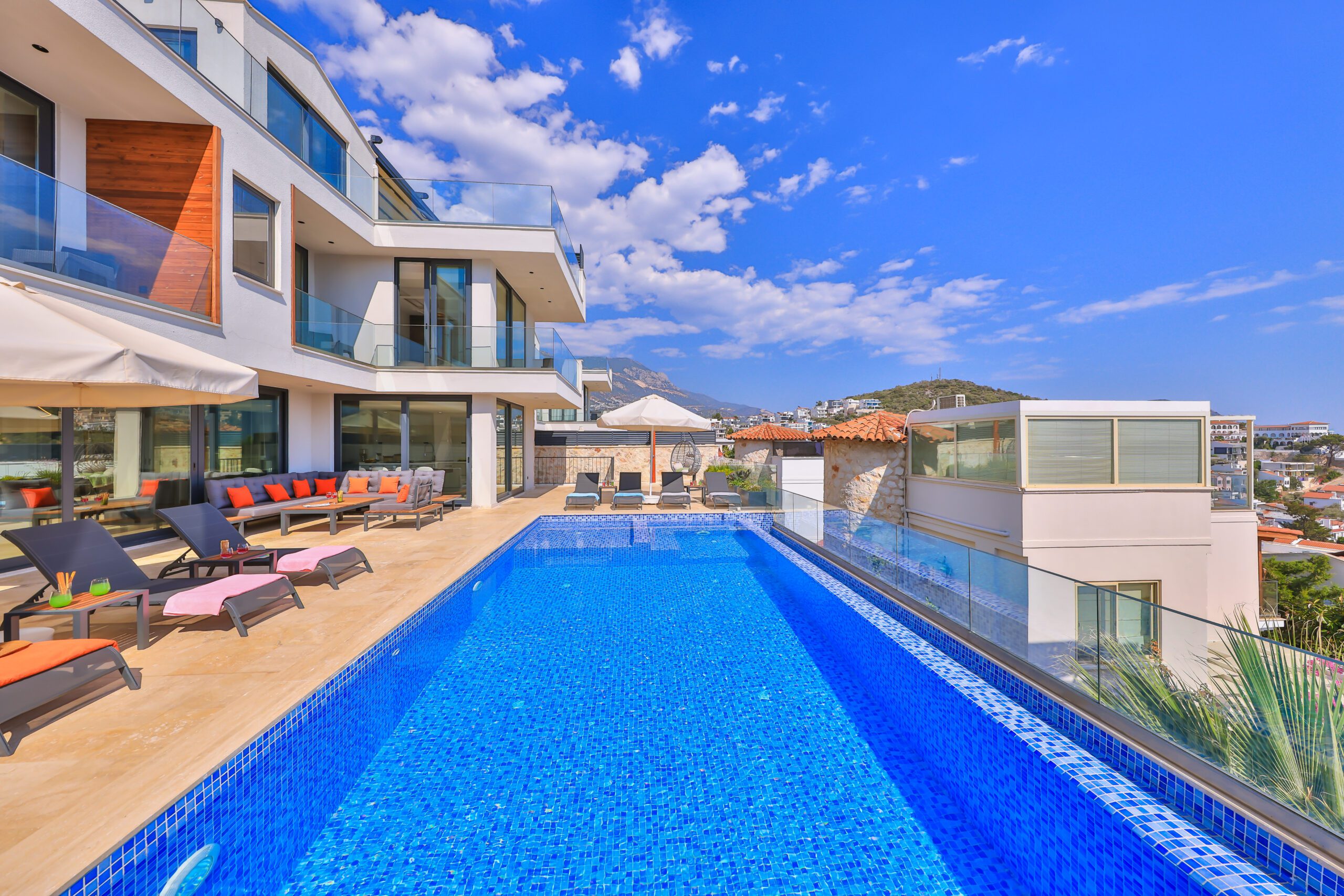 Outdoor pool and sun loungers at Villa Sura, holiday villas to rent in Kalkan, Turkey