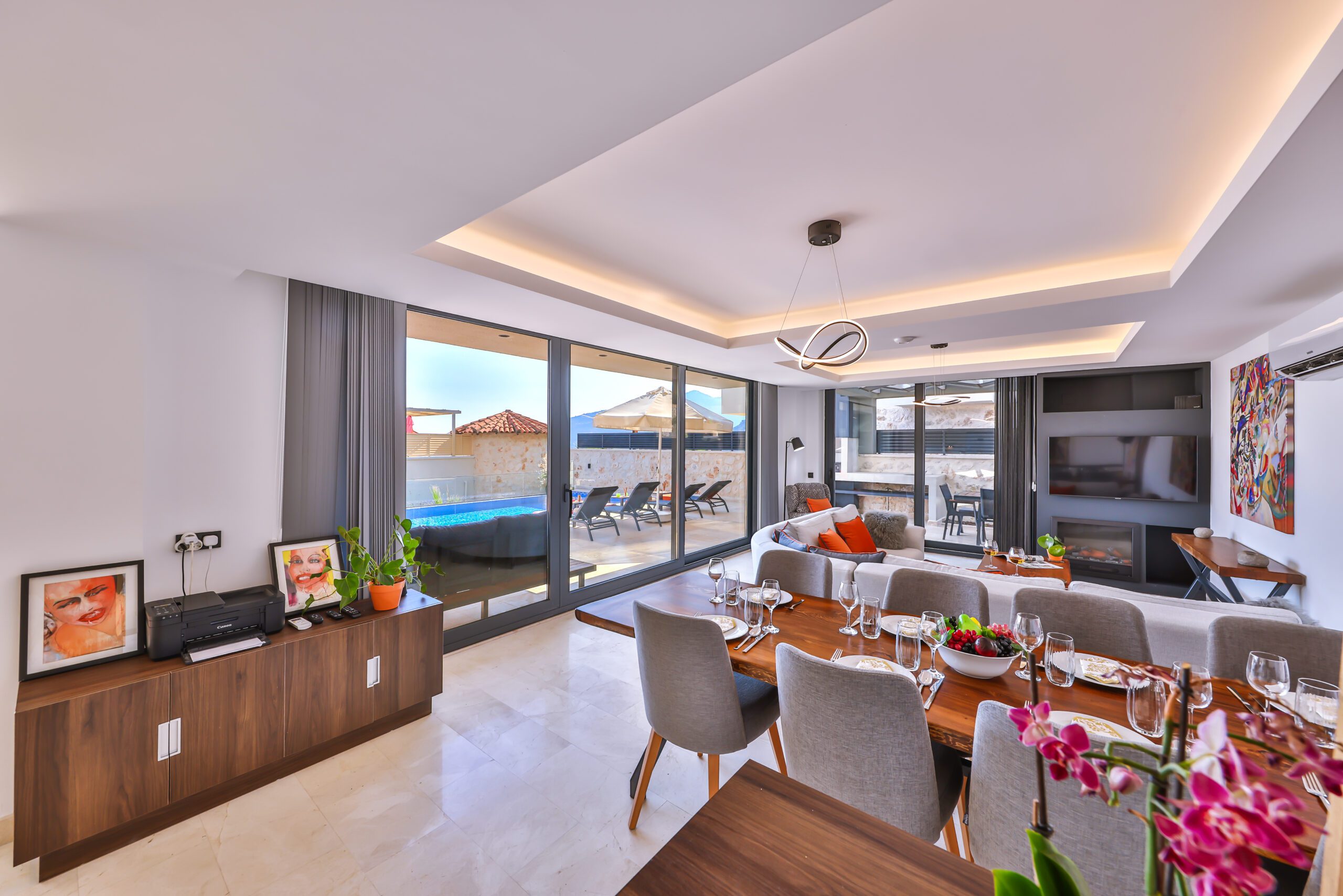 Open-planned lounge and kitchen with garden access in Villa Sura, holiday villas to rent in Kalkan, Turkey