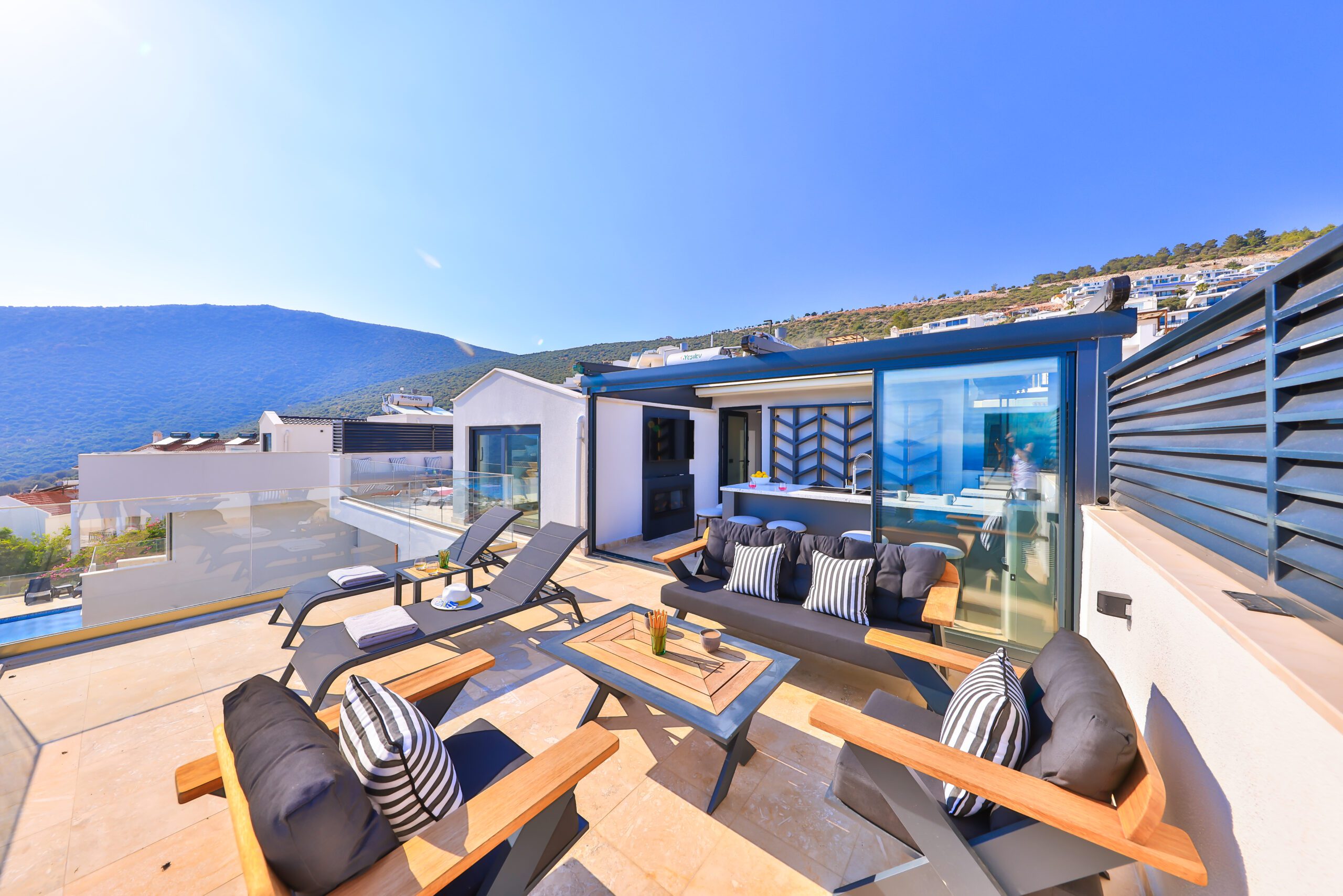 Balcony with sun loungers at Villa Sura, holiday villas to rent in Kalkan, Turkey