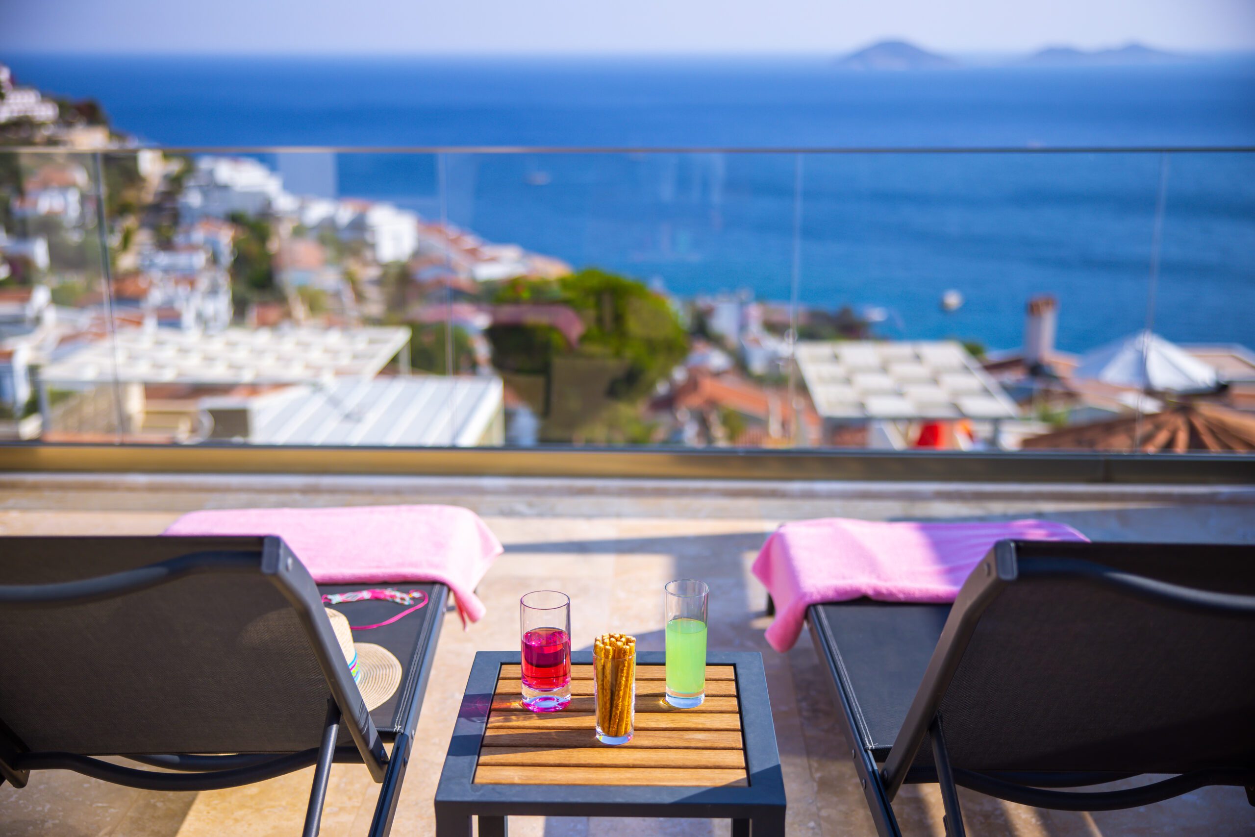 Balcony with sun loungers at Villa Sura, holiday villas to rent in Kalkan, Turkey