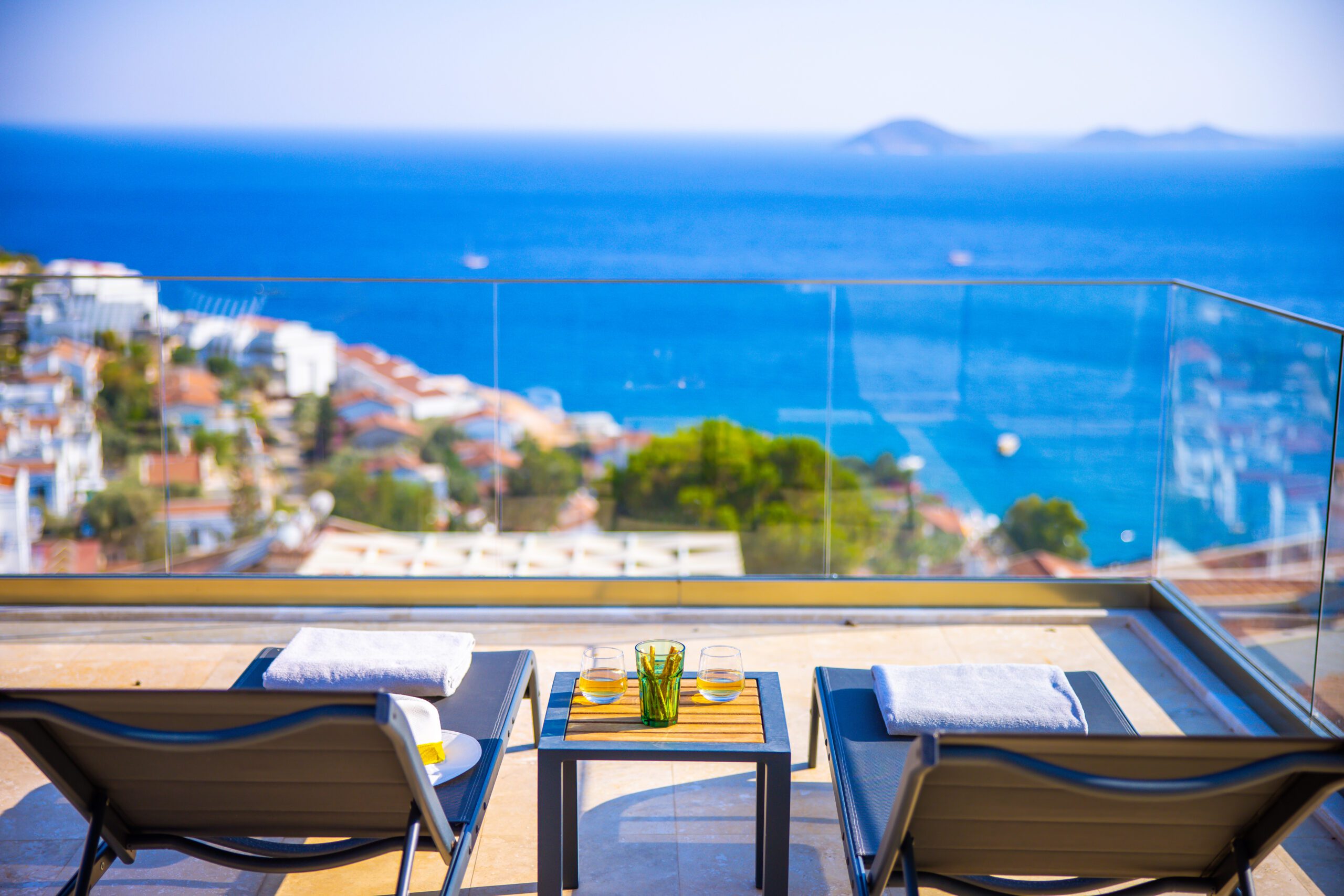 Balcony with sun loungers in Villa Sura, holiday villas to rent in Kalkan, Turkey