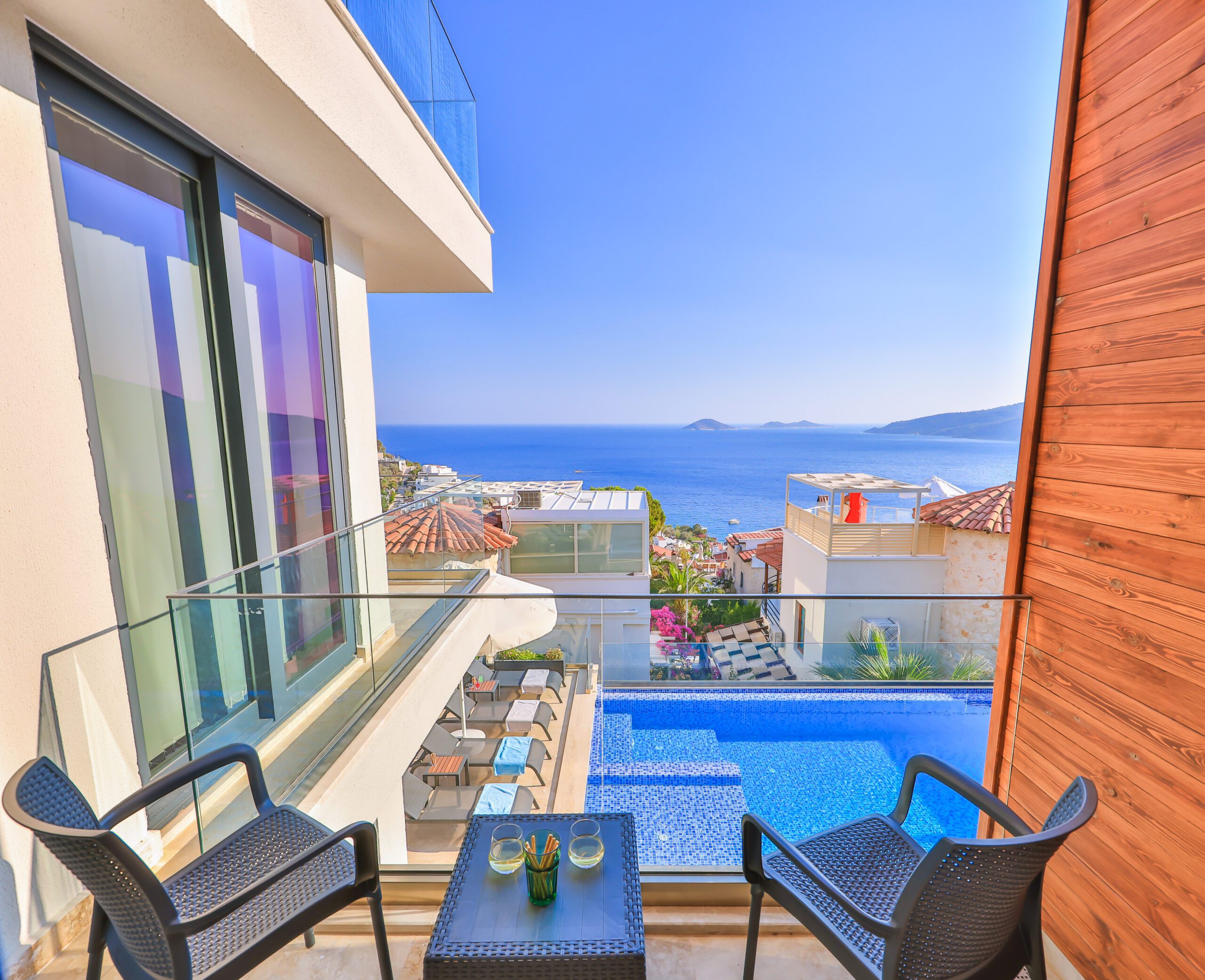 Balcony seating area at Villa Sura, holiday villas to rent in Kalkan, Turkey