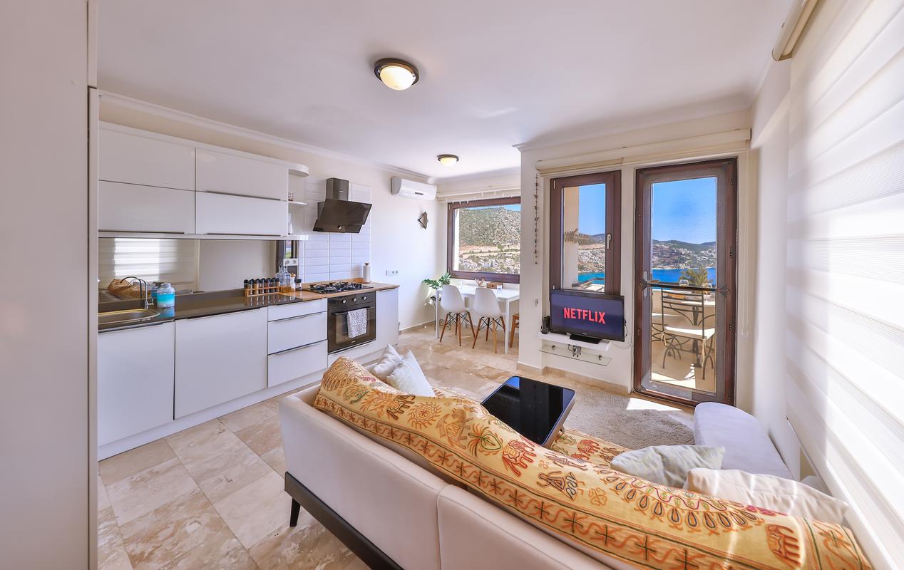 Kitchen and lounge in Amore Apartment, holidays in Kalkan, Turkey