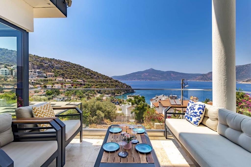 Balcony seating area at Villa Kisla Falls, villas to rent in Kalkan, Turkey