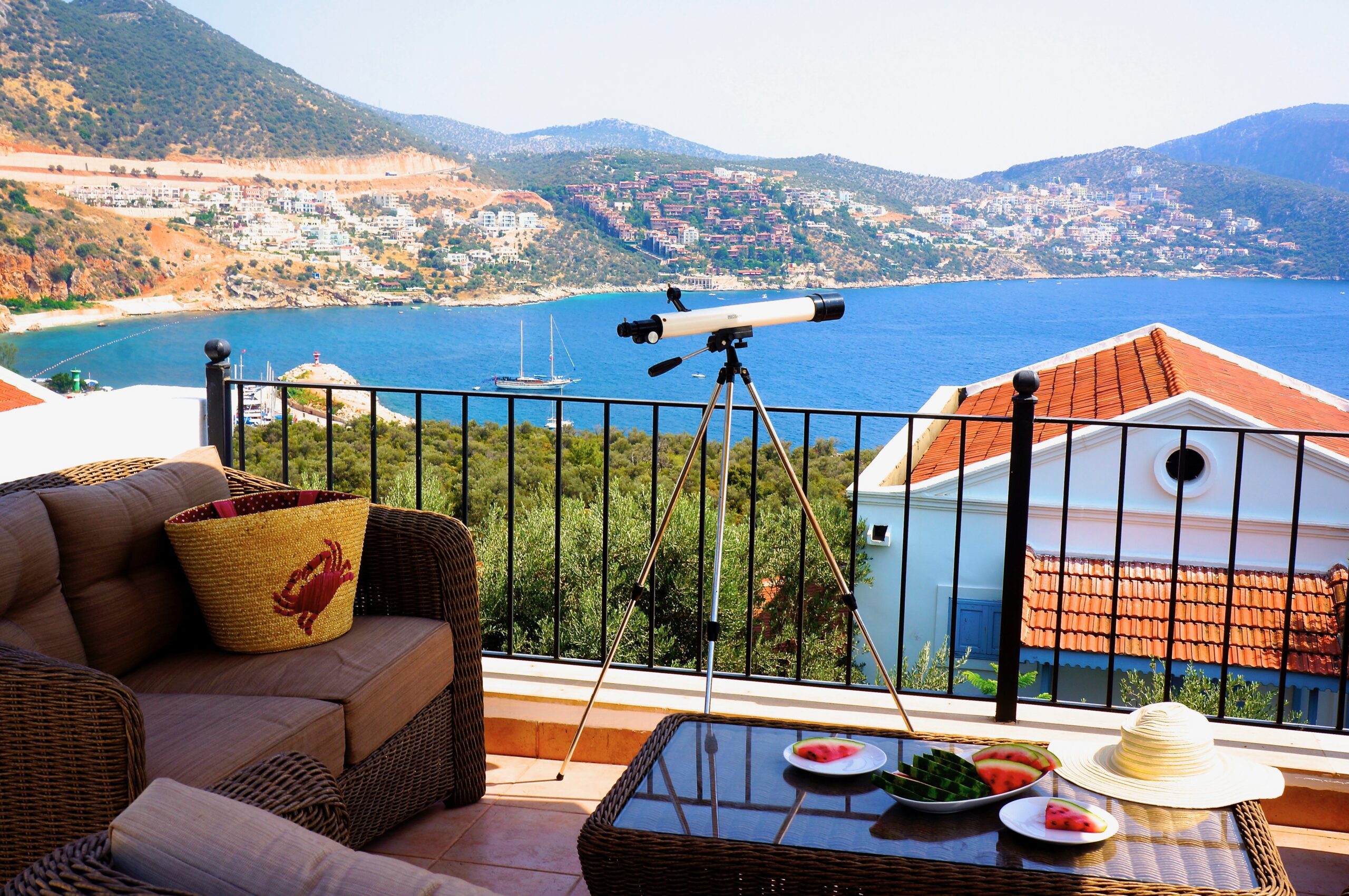 Balcony seating with telescope at Villa Amelia, villas to rent in Kalkan, Turkey