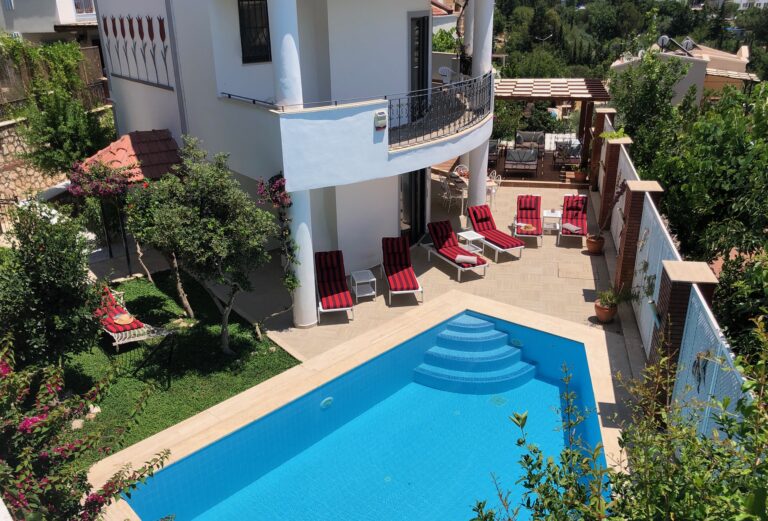 Birdseye view of outdoor pool in Villa Kirmizi Lale, holiday villas in Kalkan, Turkey