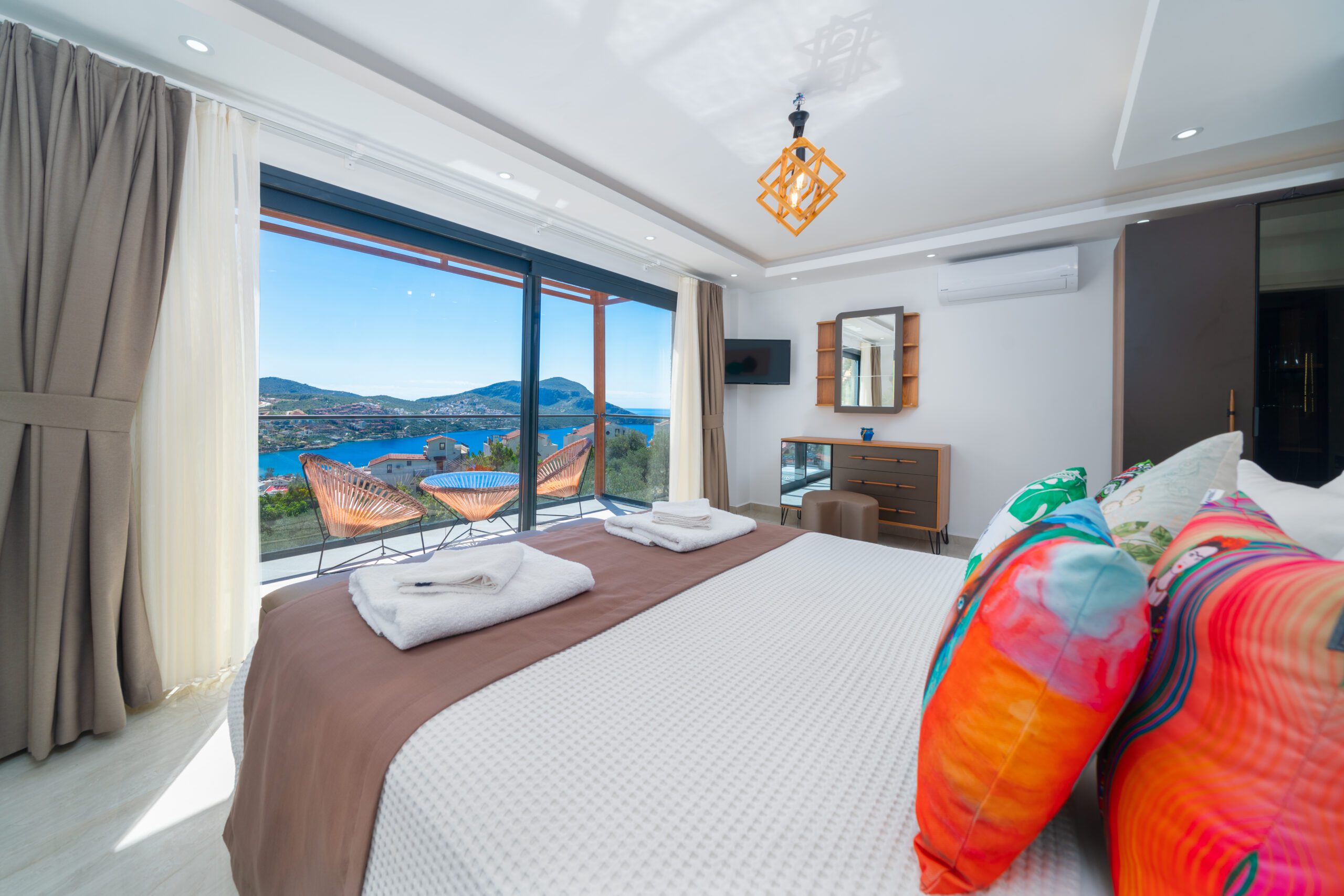 Double bedroom with bathroom and balcony in Villa Tekin, villa holidays in Kalkan, Turkey