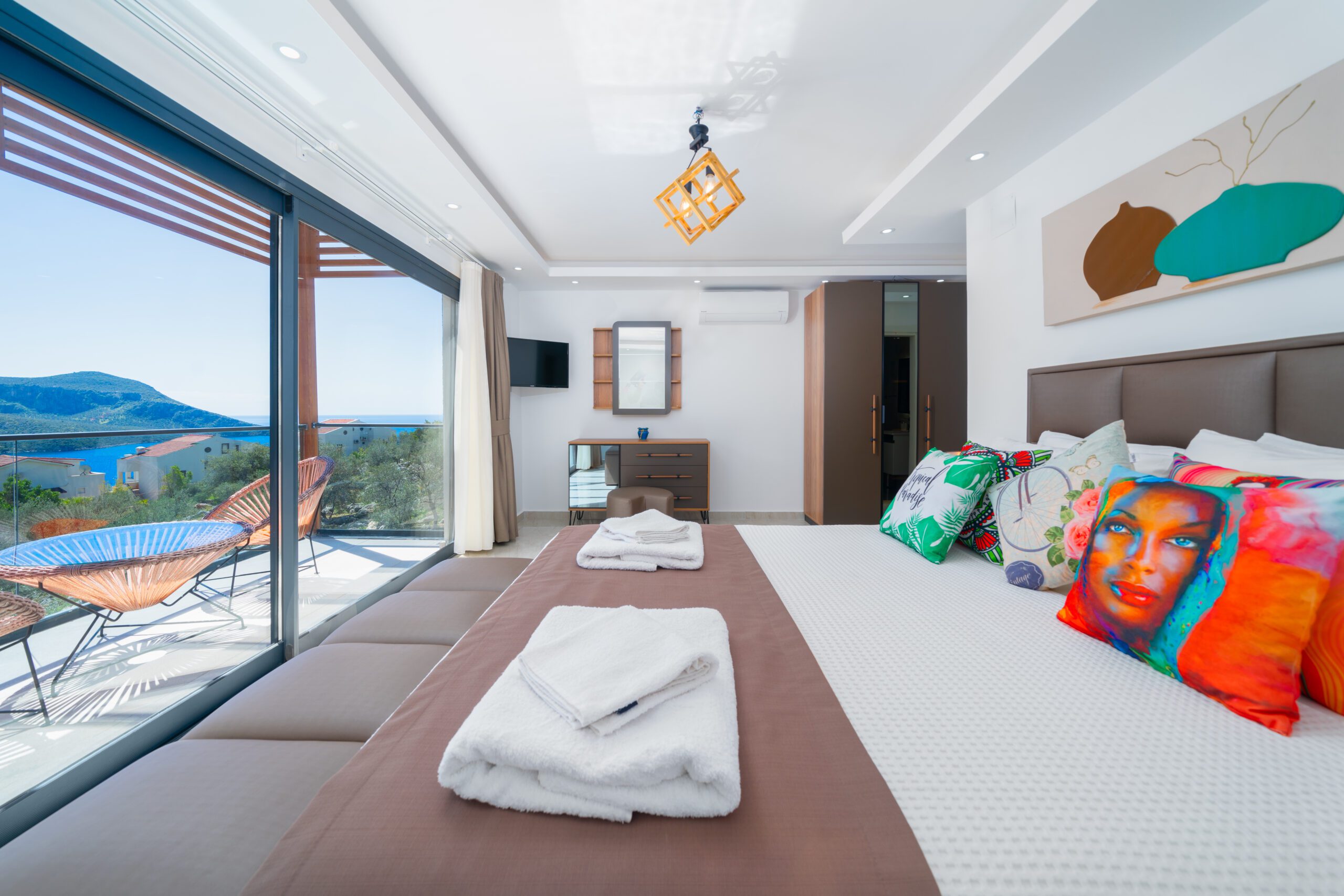 Double bedroom with bathroom and garden access in Villa Tekin, villa holidays in Kalkan, Turkey