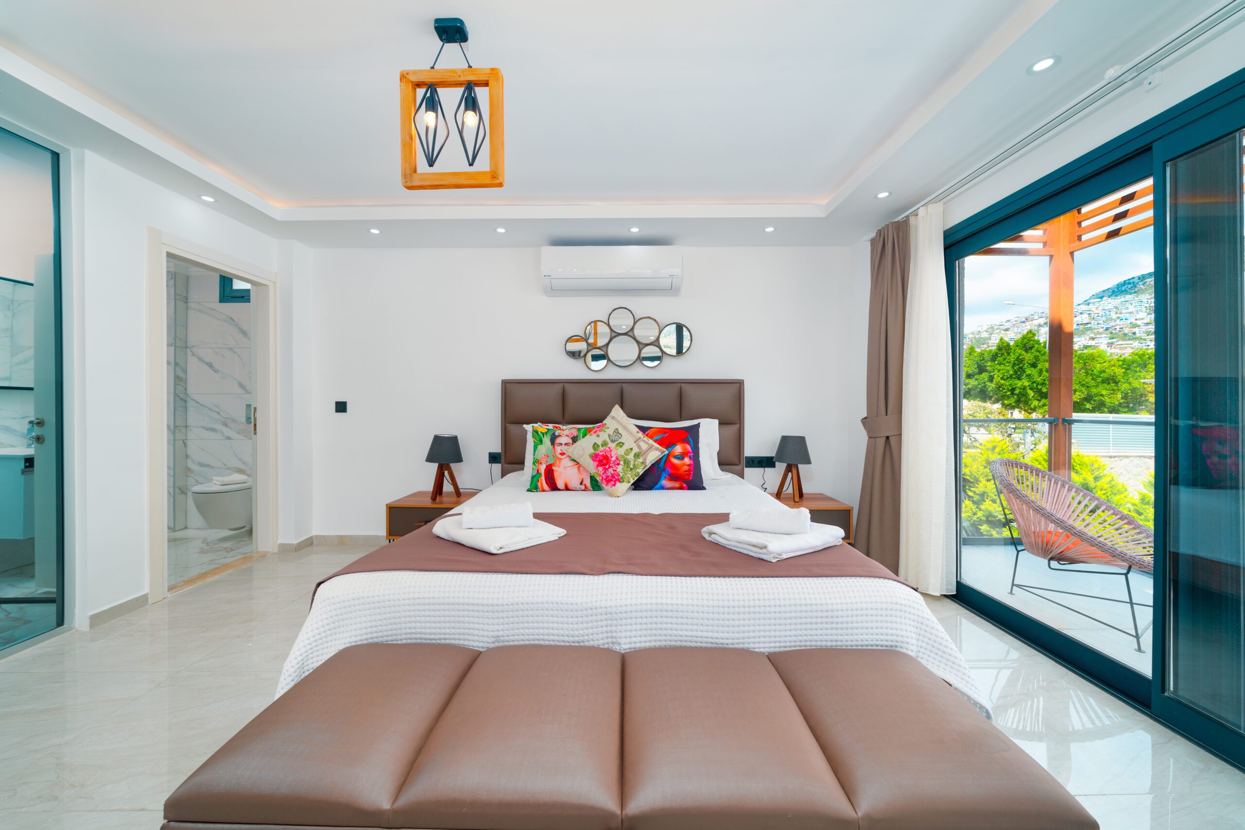 Double bedroom and bathroom with balcony in Villa Tekin, villa holidays in Kalkan, Turkey