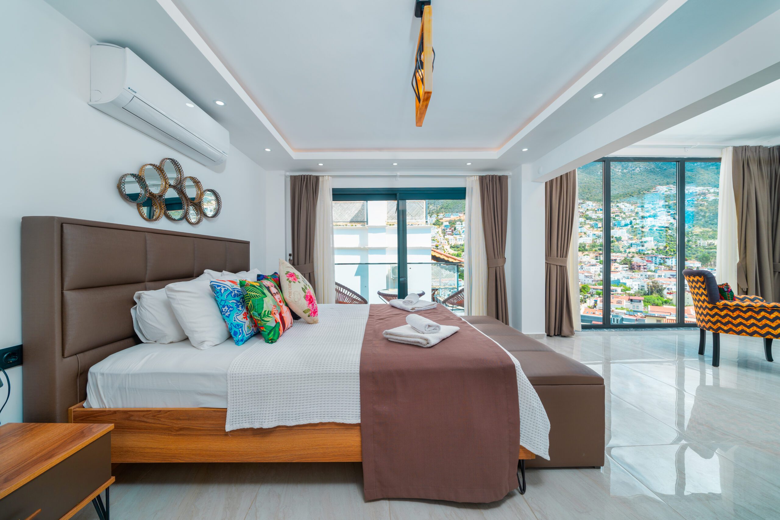 Spacious double bedroom with balcony and bathroom in Villa Tekin, villa holidays in Kalkan, Turkey