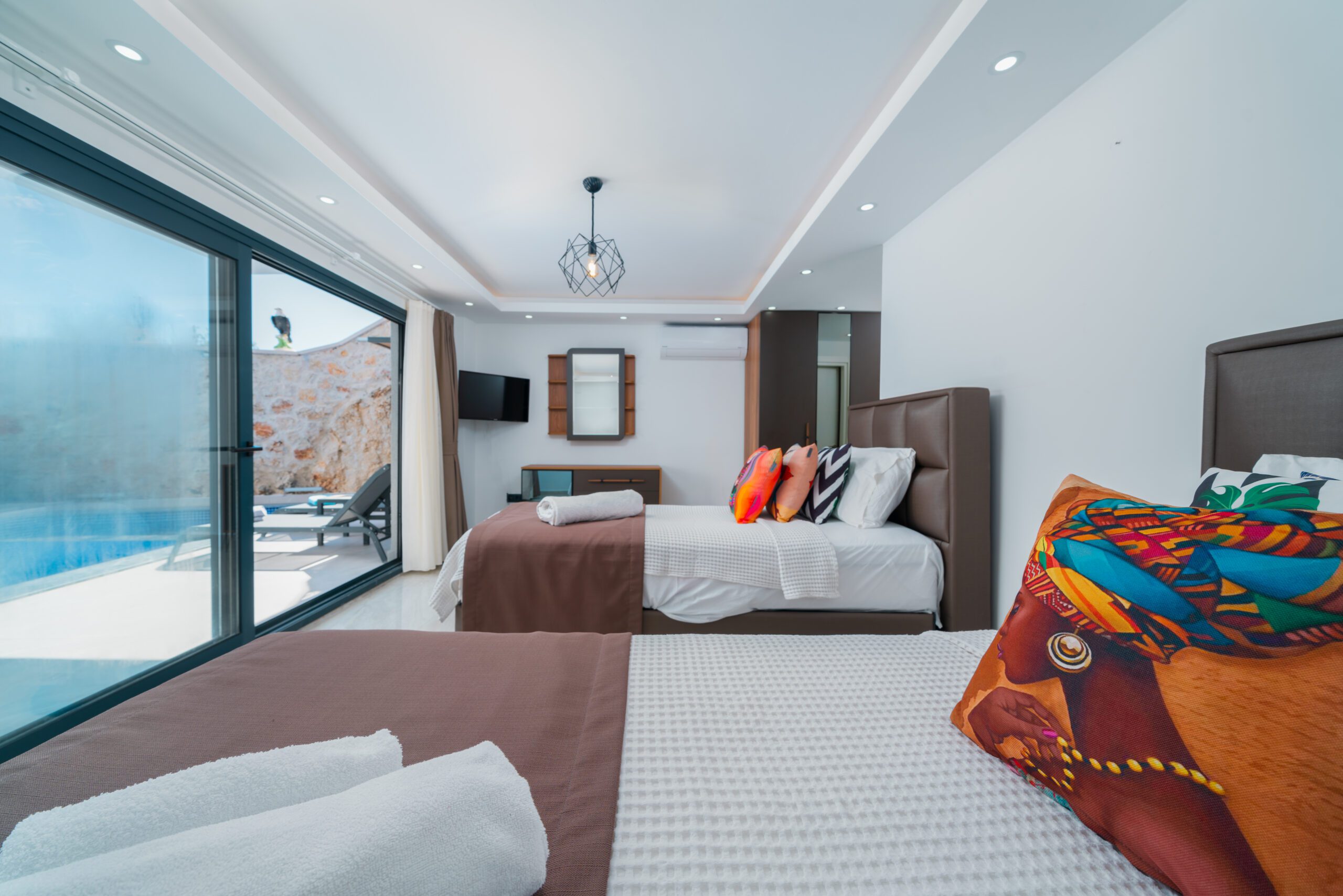 Twin bedroom with garden access in Villa Tekin, villa holidays in Kalkan, Turkey