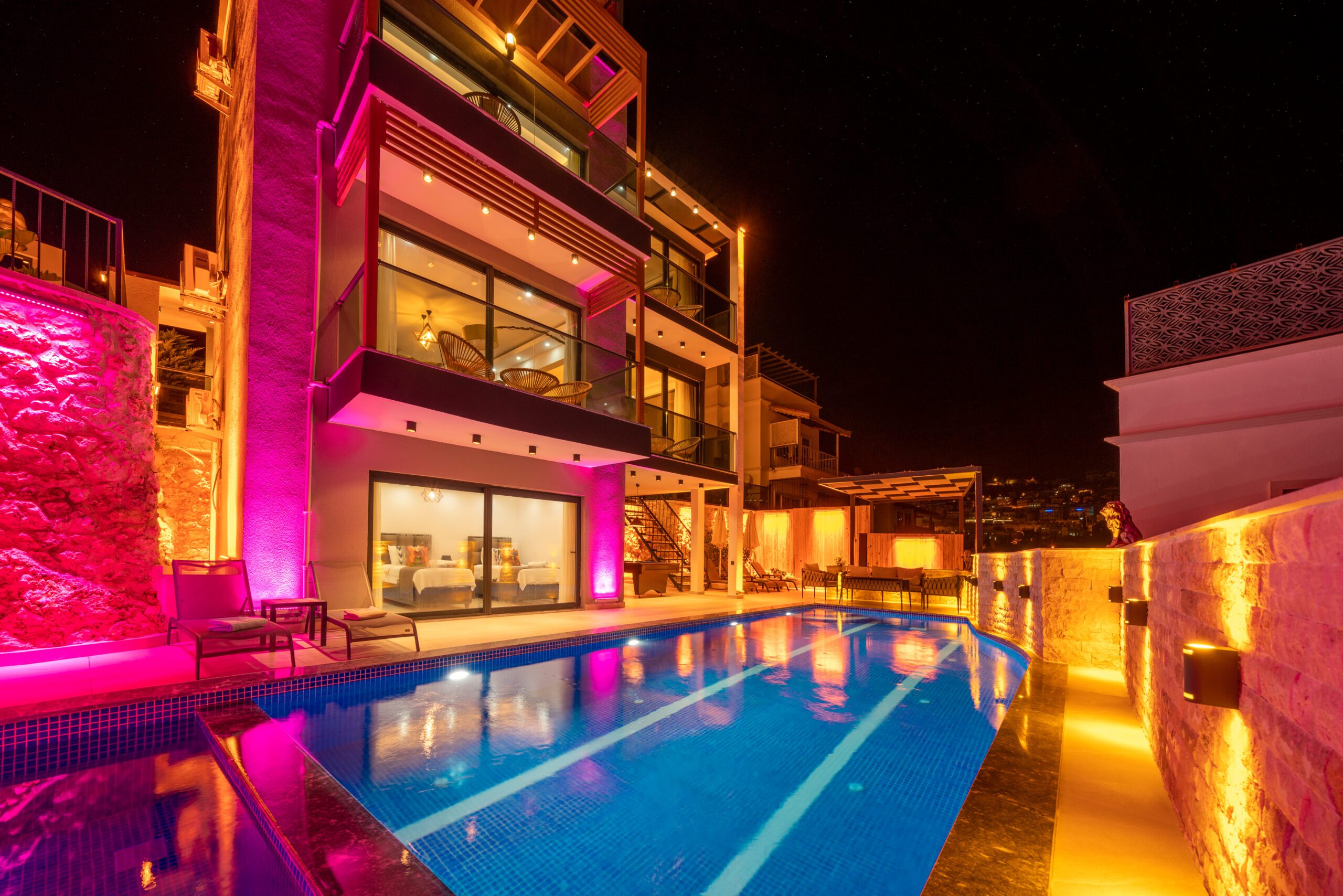 Outdoor pool and sun loungers in Villa Tekin, villa holidays in Kalkan, Turkey