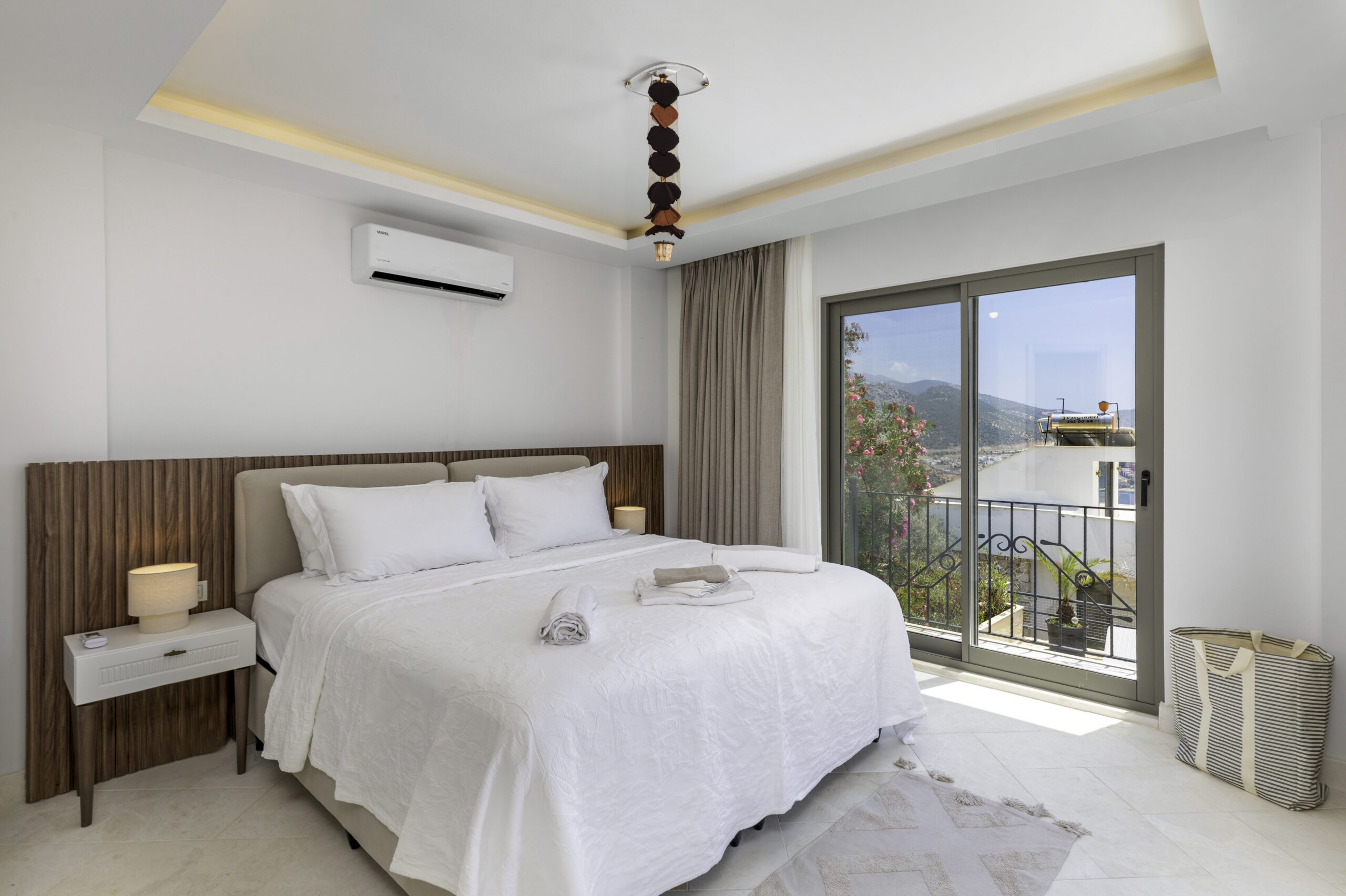 Double bedroom and balcony in Villa Bahce, villas to rent in Kalkan, Turkey