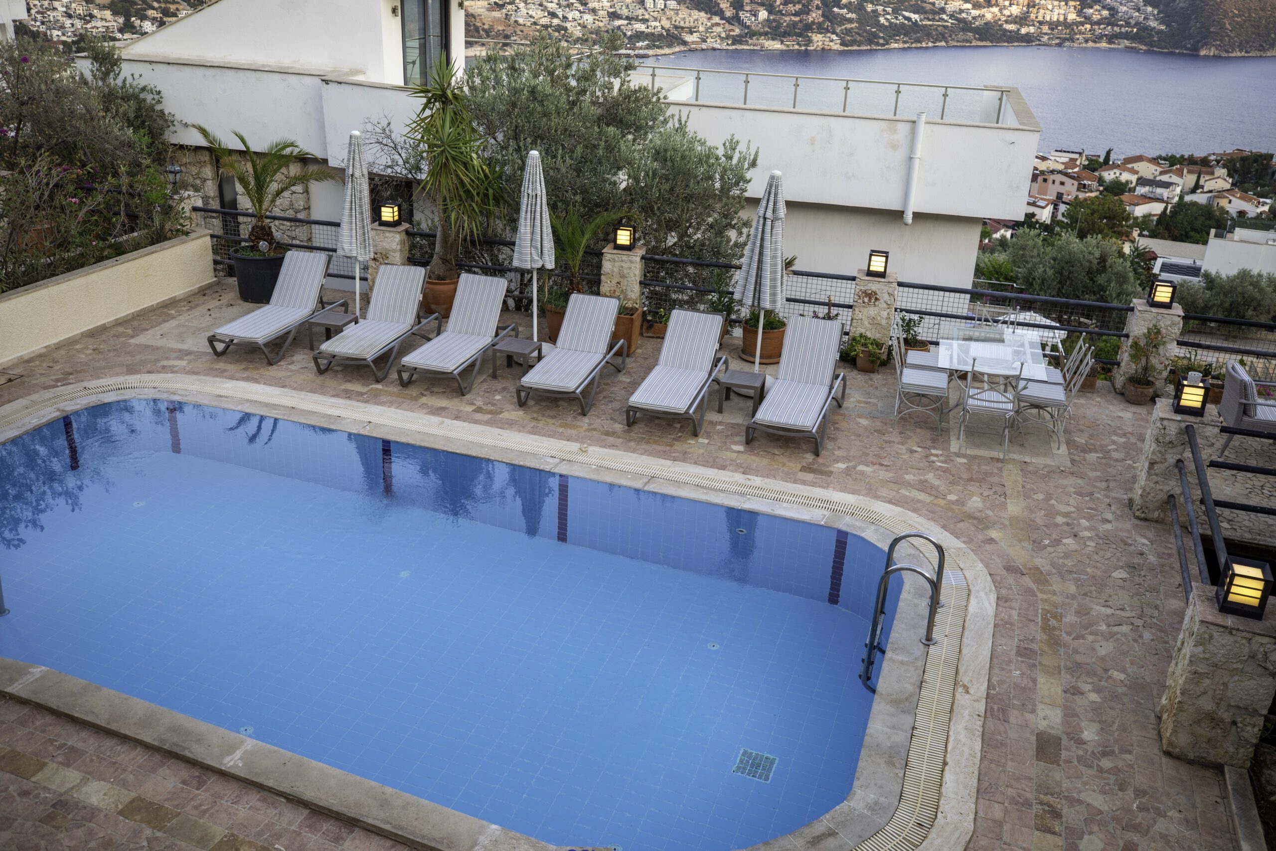 Outdoor pool and sun loungers in Villa Bahce, villas to rent in Kalkan, Turkey