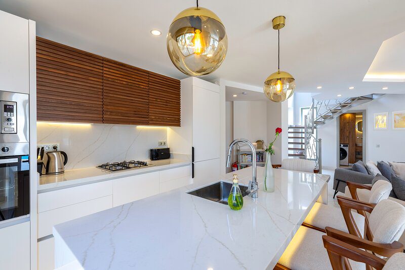 Fully-equipped kitchen with breakfast bar in Villa Bahce, villas to rent in Kalkan, Turkey