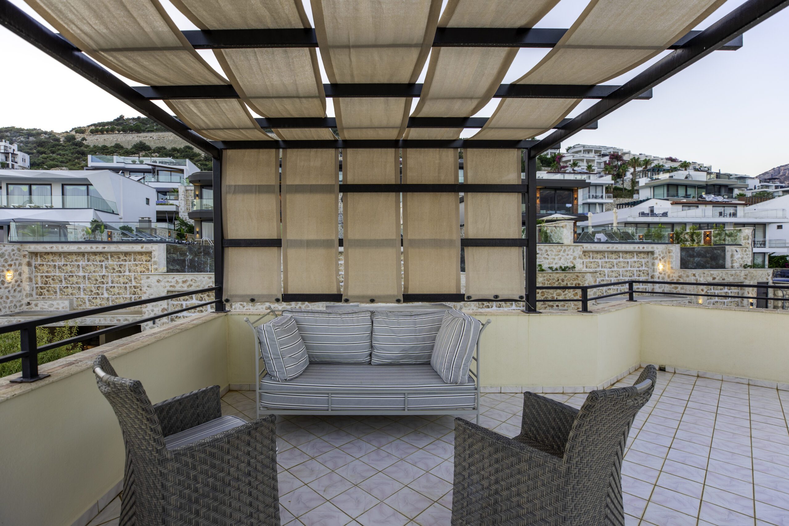 Balcony with seating at Villa Bahce, villas to rent in Kalkan, Turkey