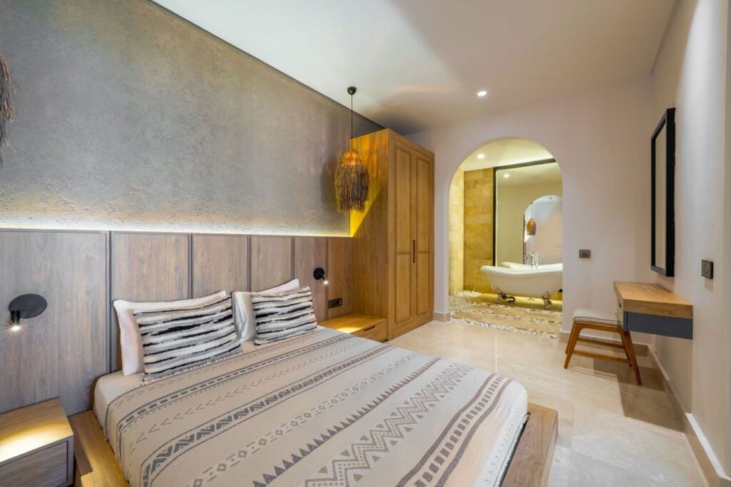 luxury double bedroom and bathroom in Lures Hotel Junior Suite, holidays in Kalkan, Turkey