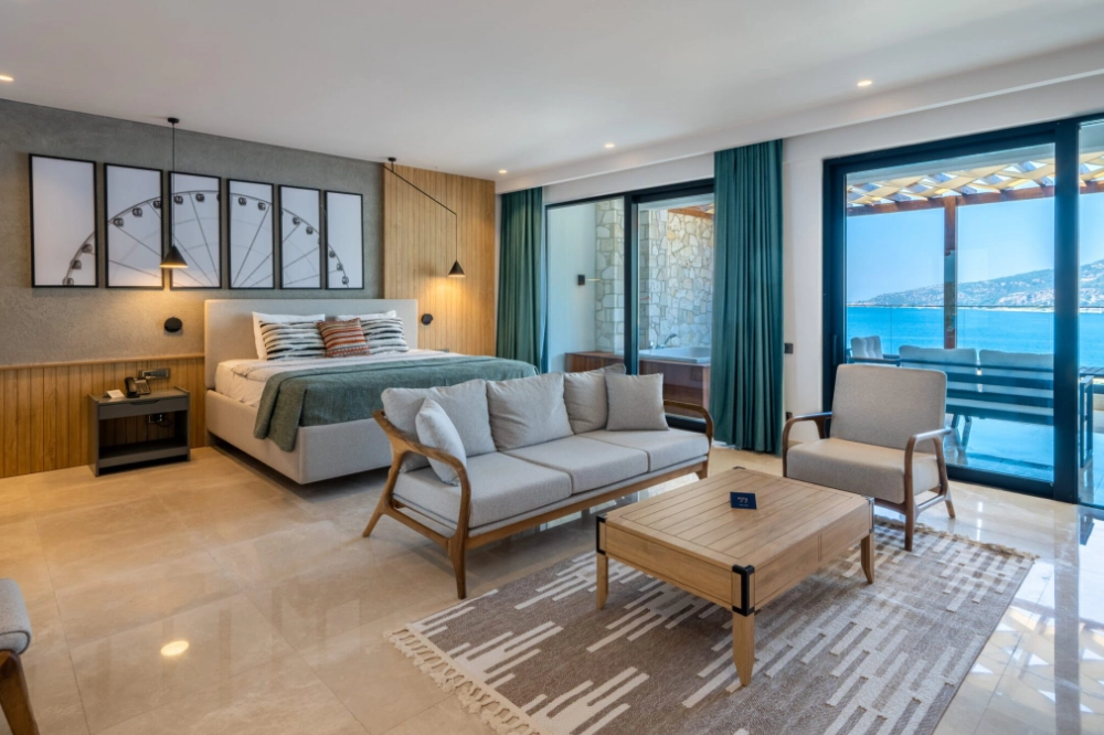 Double bedroom with balcony in Lures Hotel Penthouse Room, holidays in Kalkan, Turkey