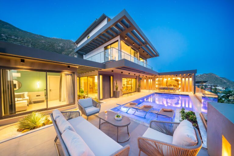 Outdoor pool and sun loungers at Villa Nova, villa holidays in Kalkan, Turkey