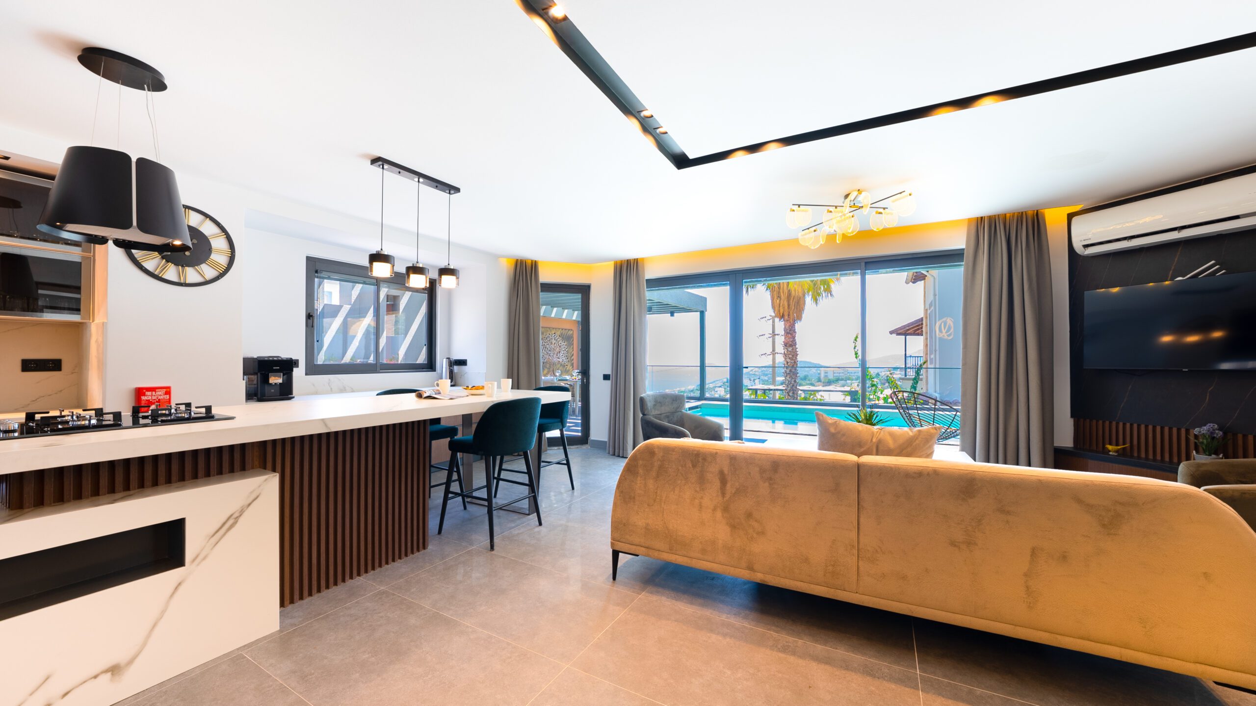 Open-planned kitchen and lounge in Villa Nova, villa holidays in Kalkan, Turkey