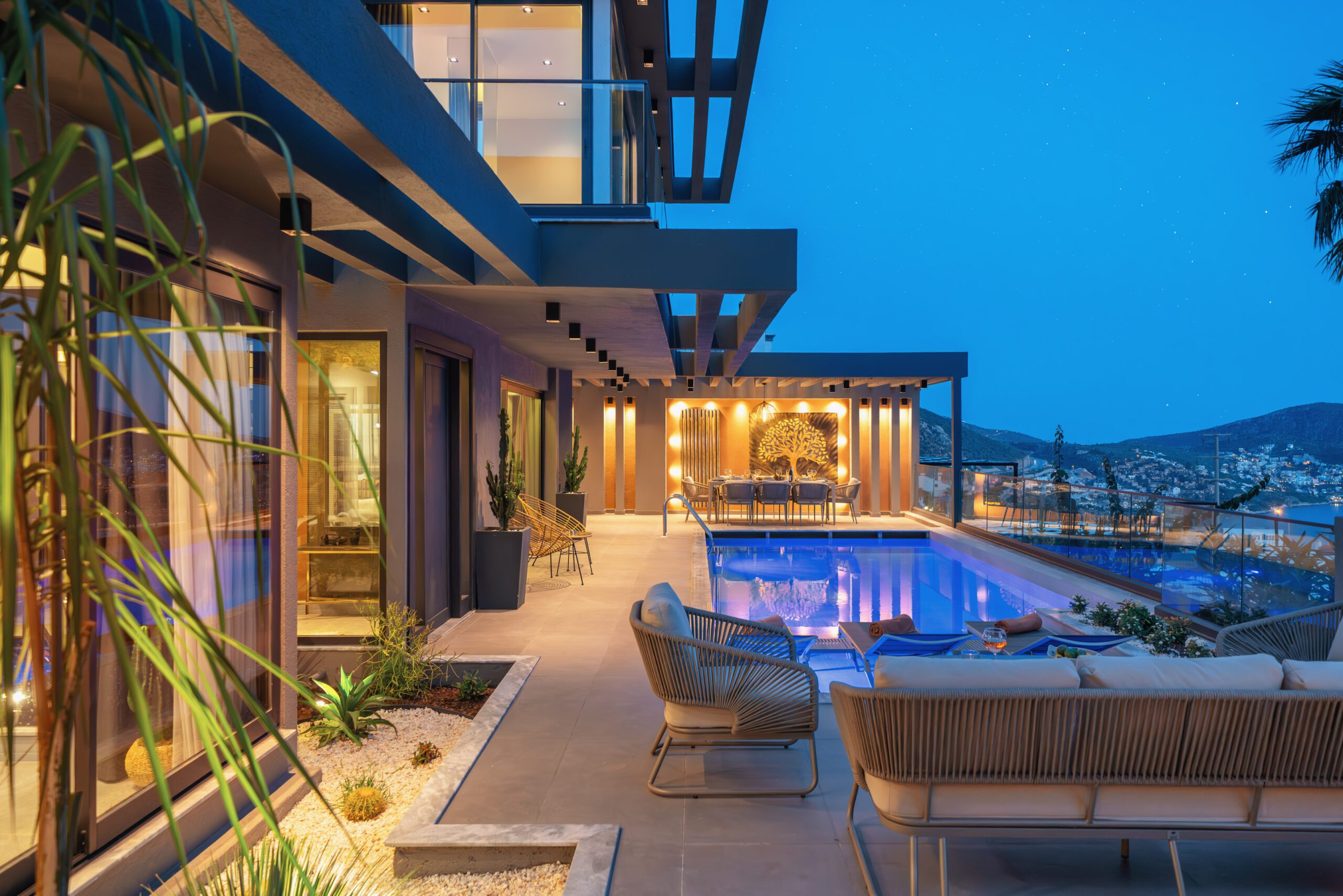 Outdoor pool and sun loungers at Villa Nova, villa holidays in Kalkan, Turkey