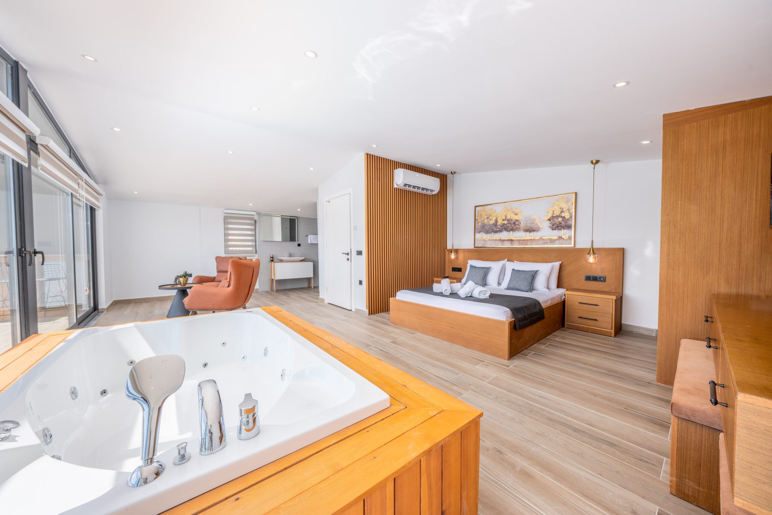 Large double bedroom with hot tub and bathroom in Villa Nova, villa holidays in Kalkan, Turkey