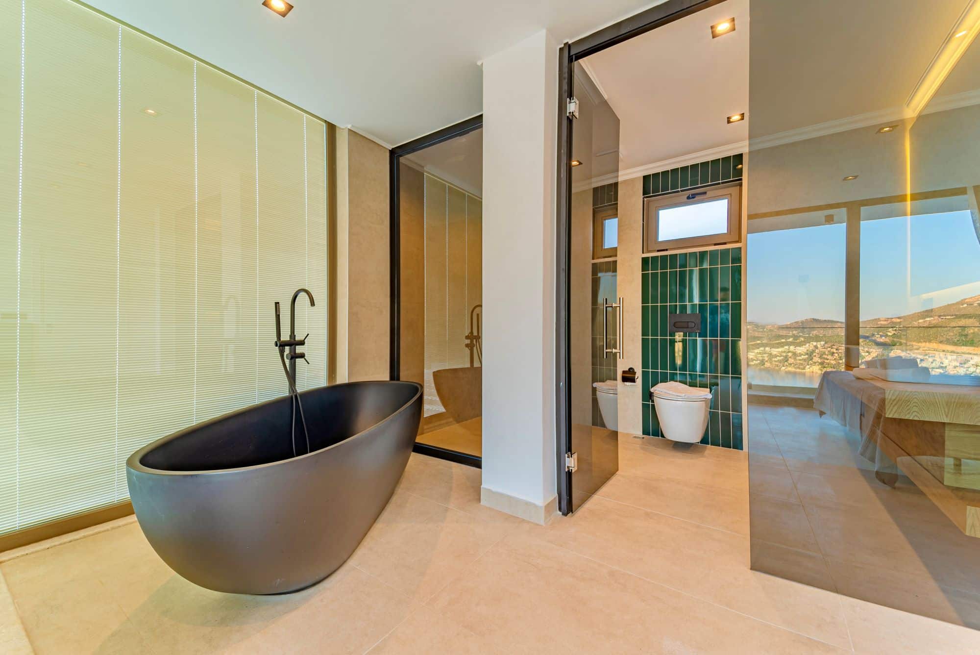 Luxurious double bedroom with bathroom in Villa Nobles Rox, villa holidays in Kalkan, Turkey